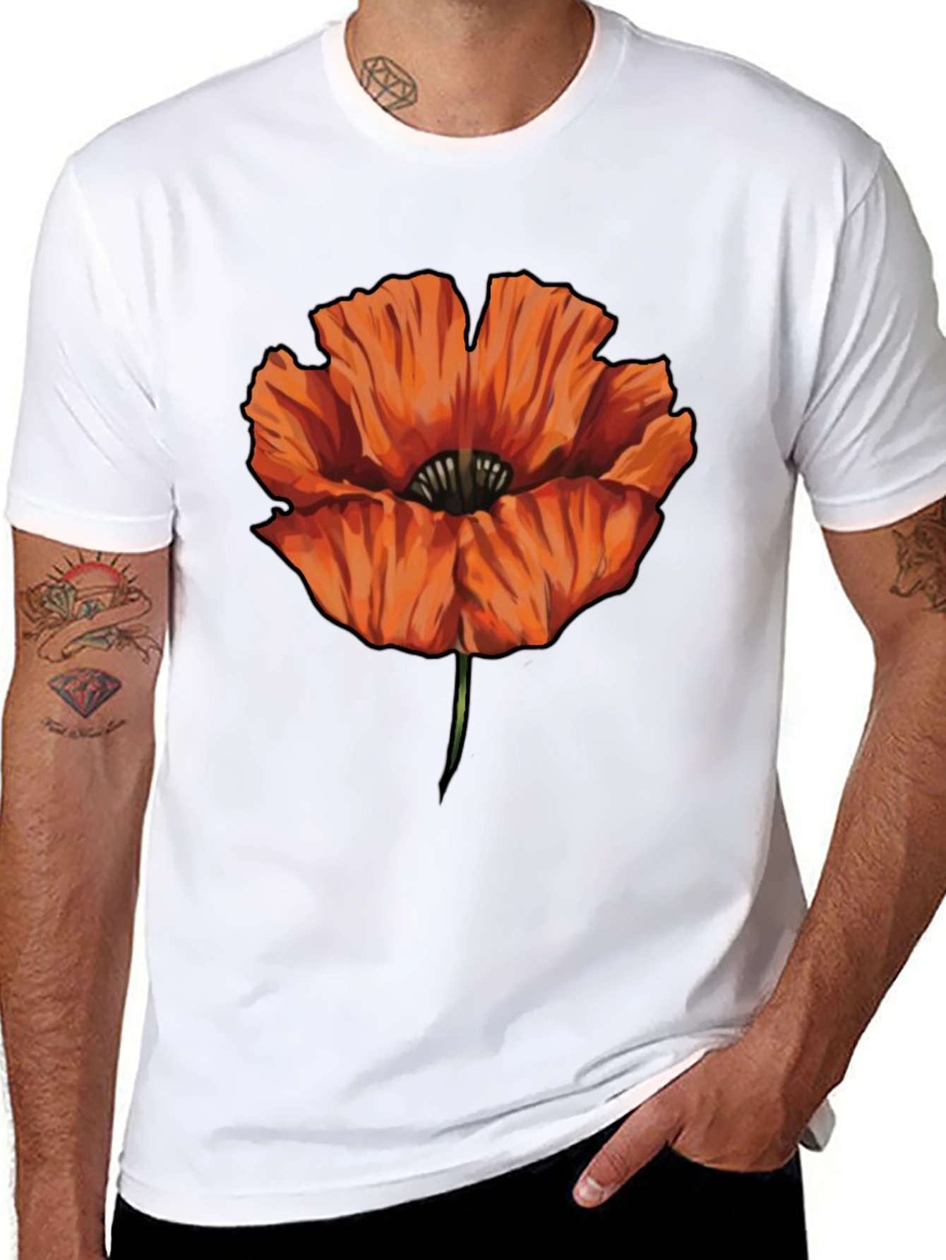Orange Poppy Graphic Print Black T-Shirt