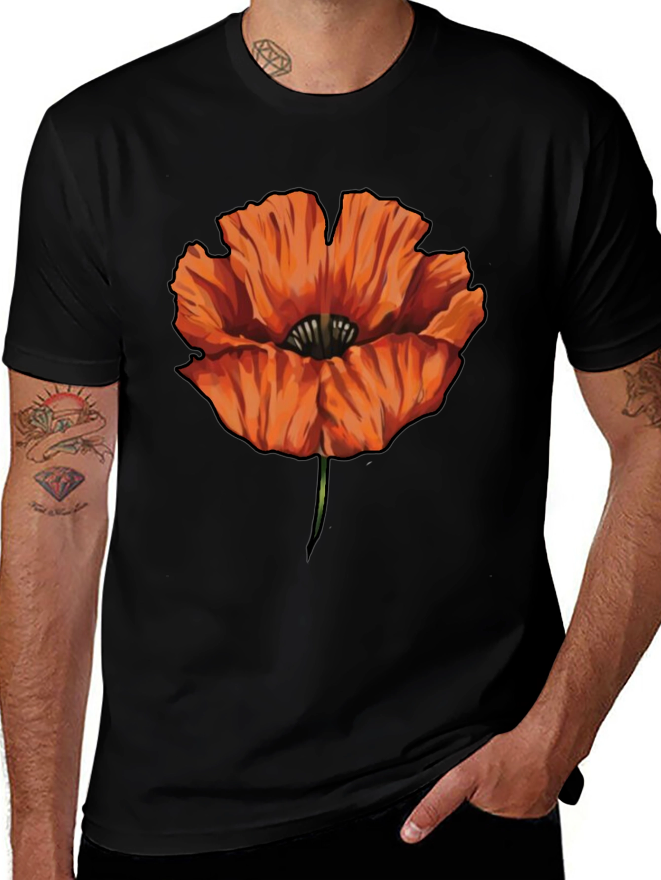 Orange Poppy Graphic Print Black T-Shirt