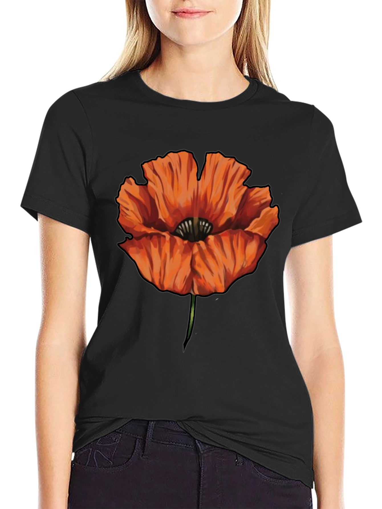 Orange Poppy Graphic Print Black T-Shirt