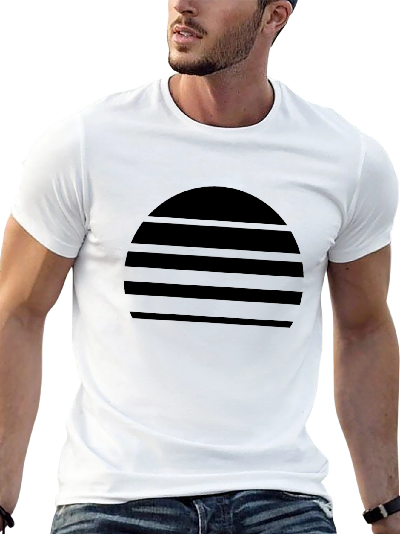 Retro Sunset Striped Graphic Tee - Black