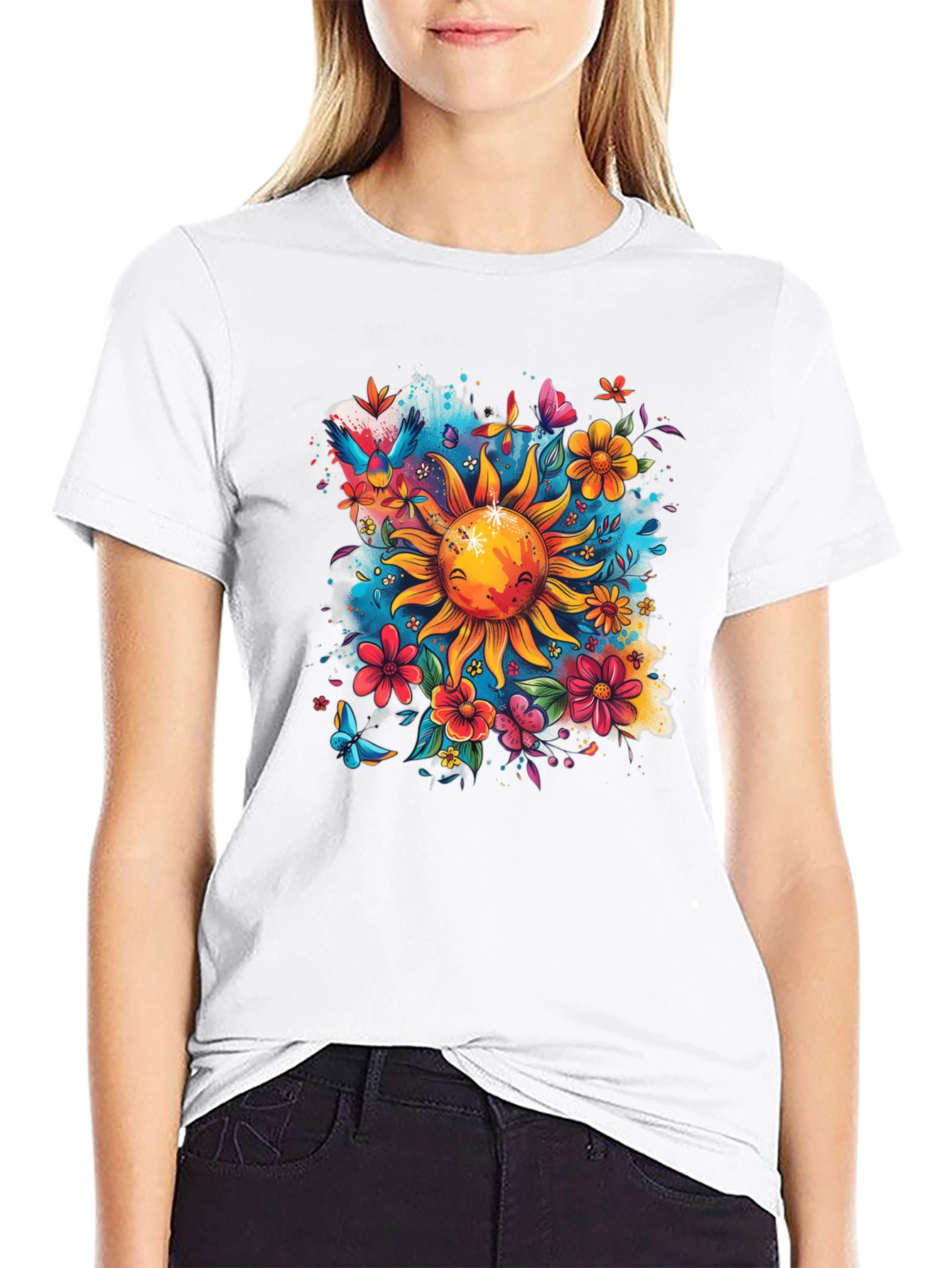 Sun & Flowers Graphic T-Shirt - Vibrant Design