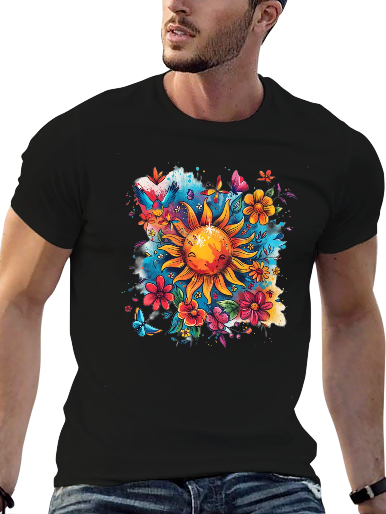 Sun & Flowers Graphic T-Shirt - Vibrant Design
