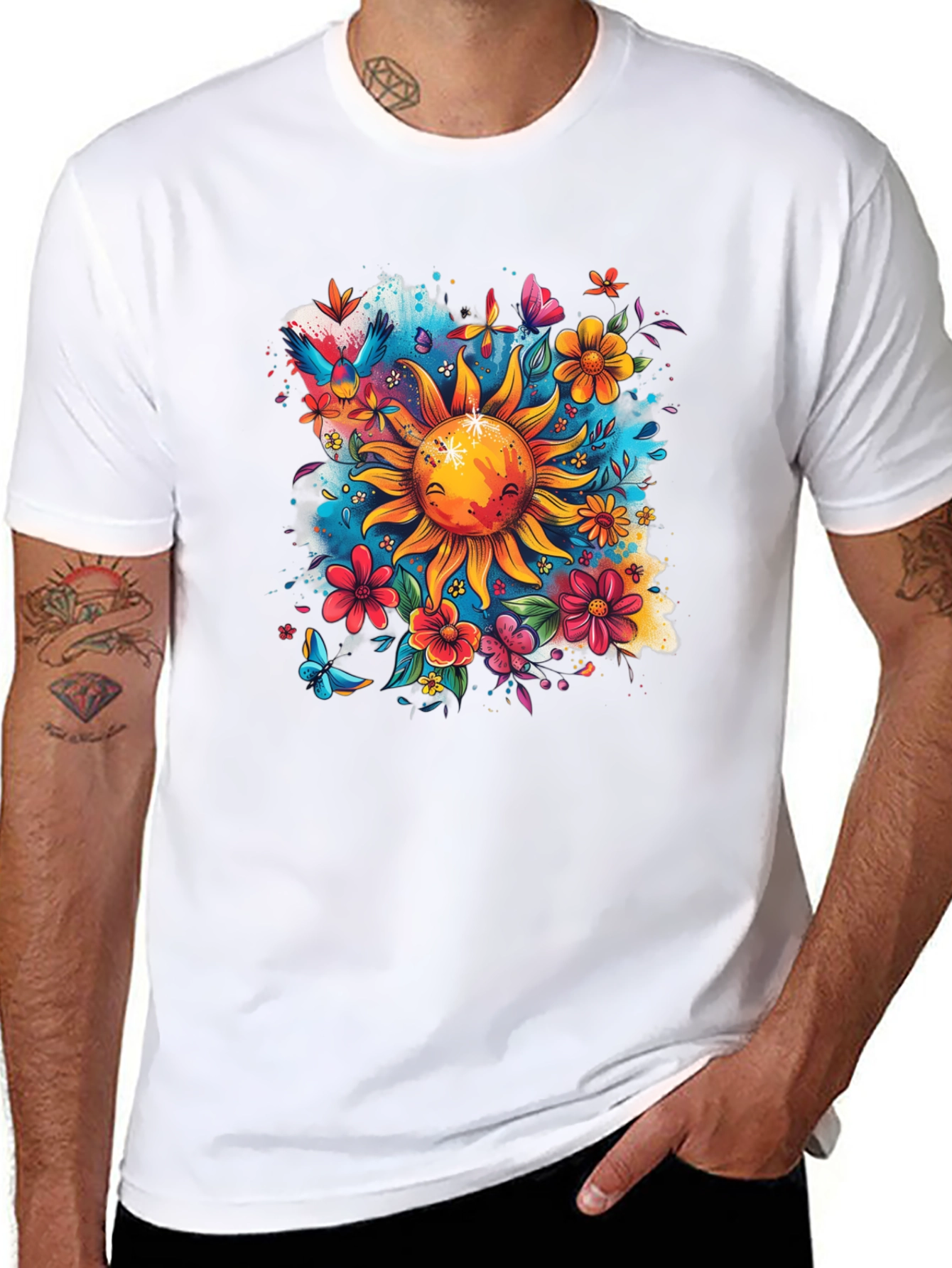 Sun & Flowers Graphic T-Shirt - Vibrant Design