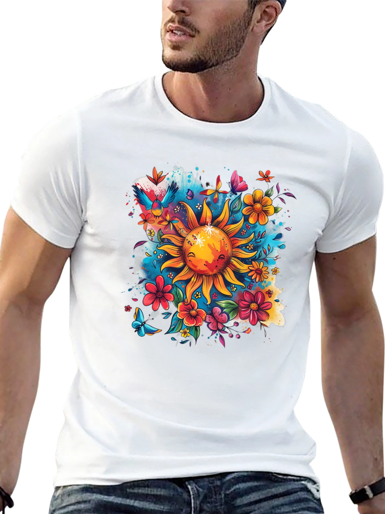 Sun & Flowers Graphic T-Shirt - Vibrant Design