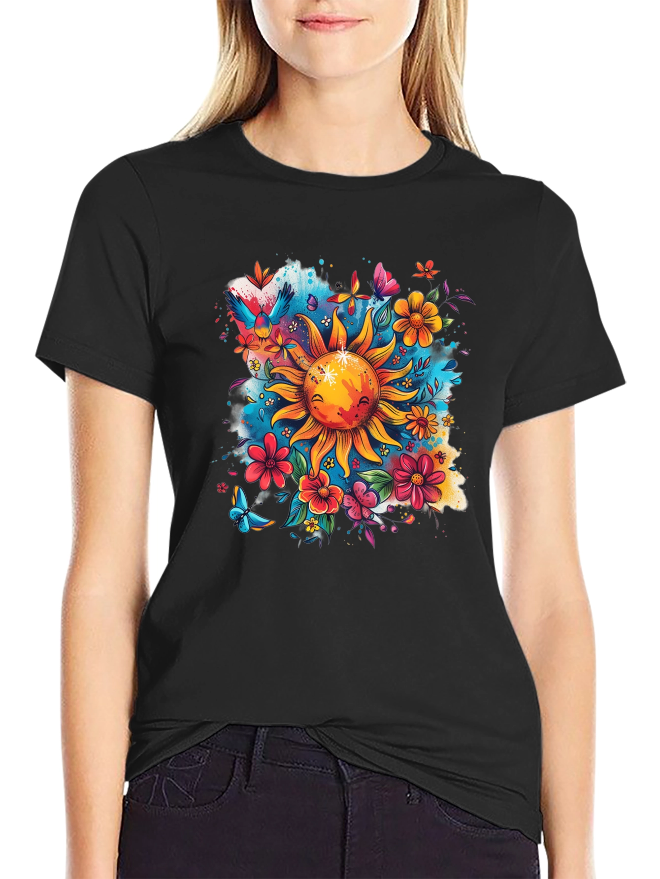 Sun & Flowers Graphic T-Shirt - Vibrant Design
