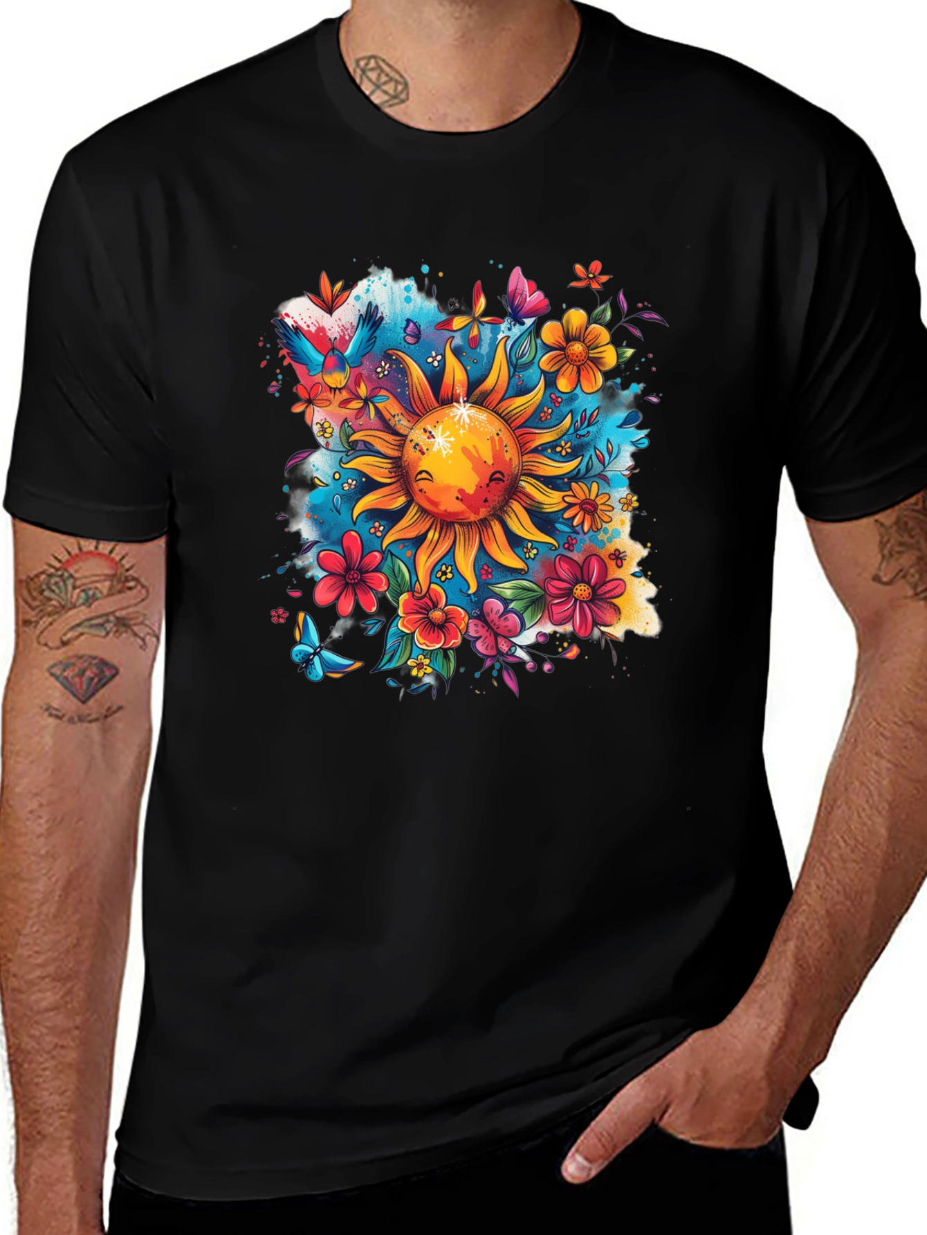 Sun & Flowers Graphic T-Shirt - Vibrant Design