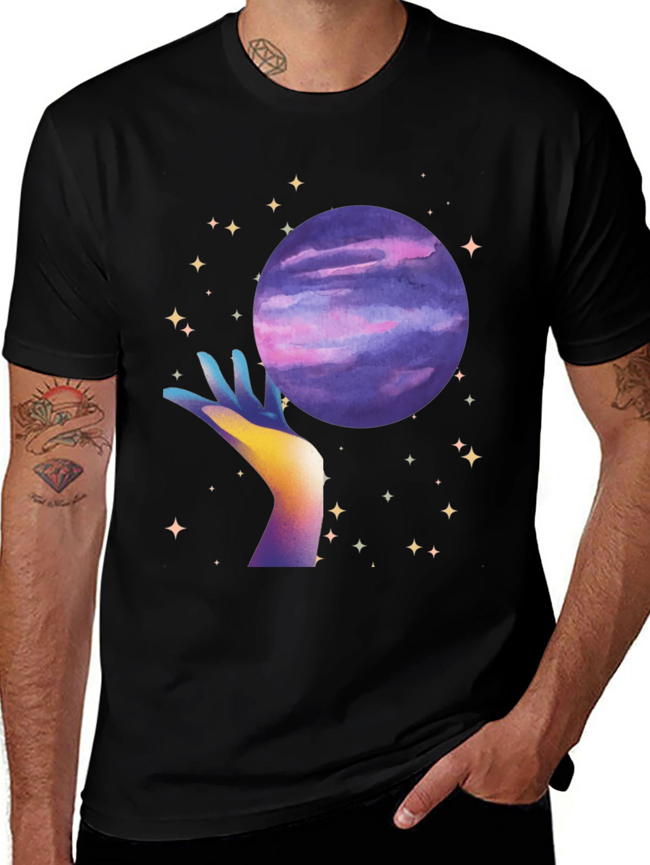 Celestial Hand Holding Planet Graphic T-Shirt