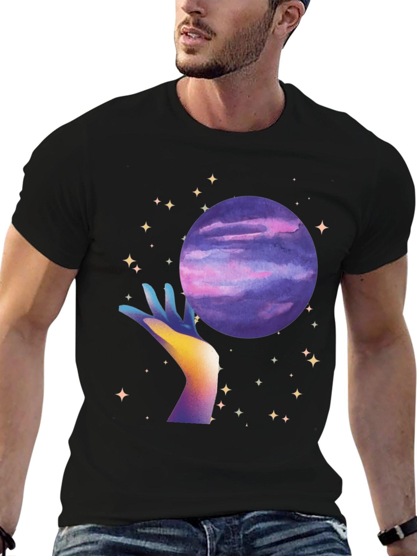Celestial Hand Holding Planet Graphic T-Shirt