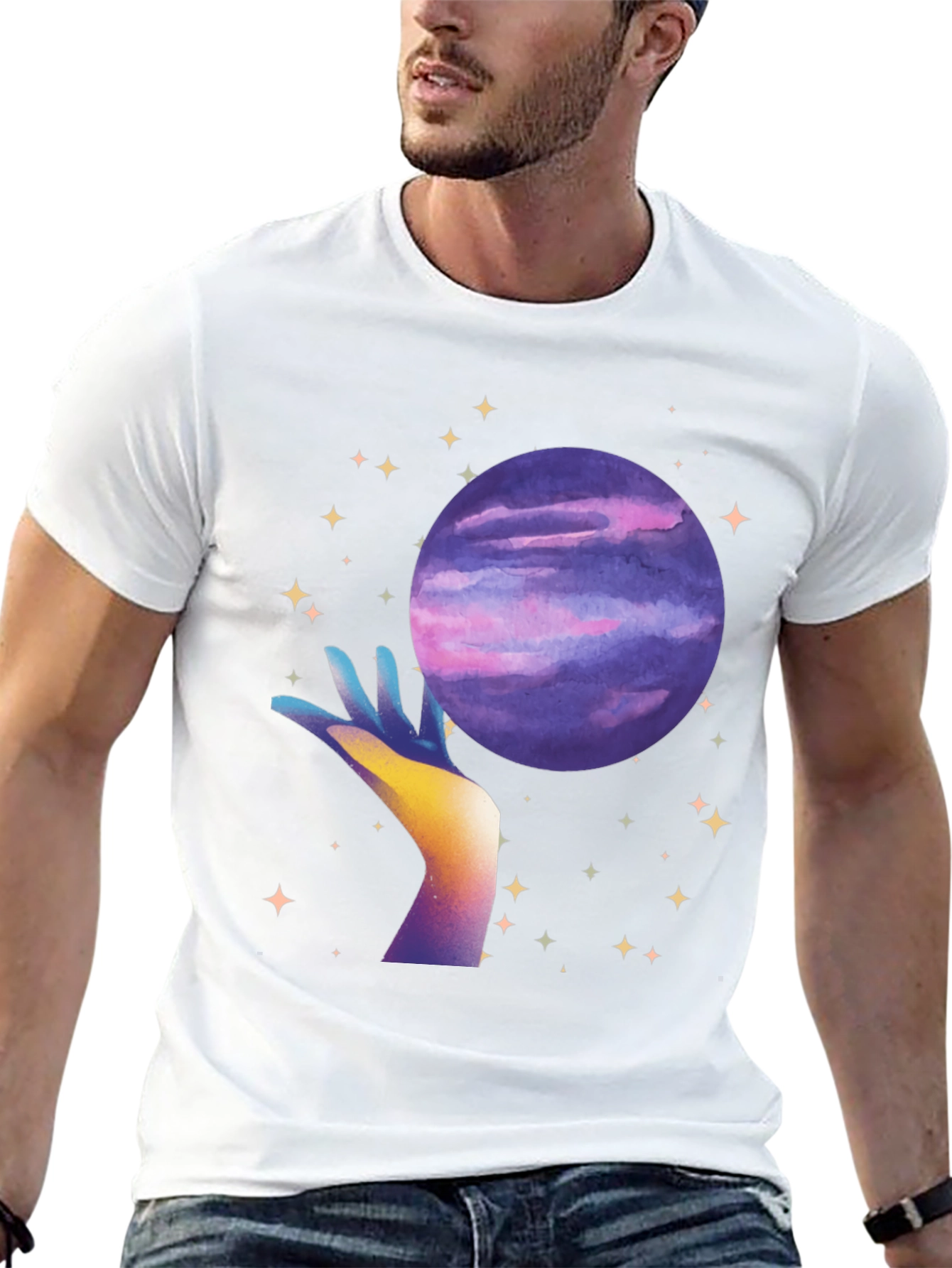Celestial Hand Holding Planet Graphic T-Shirt