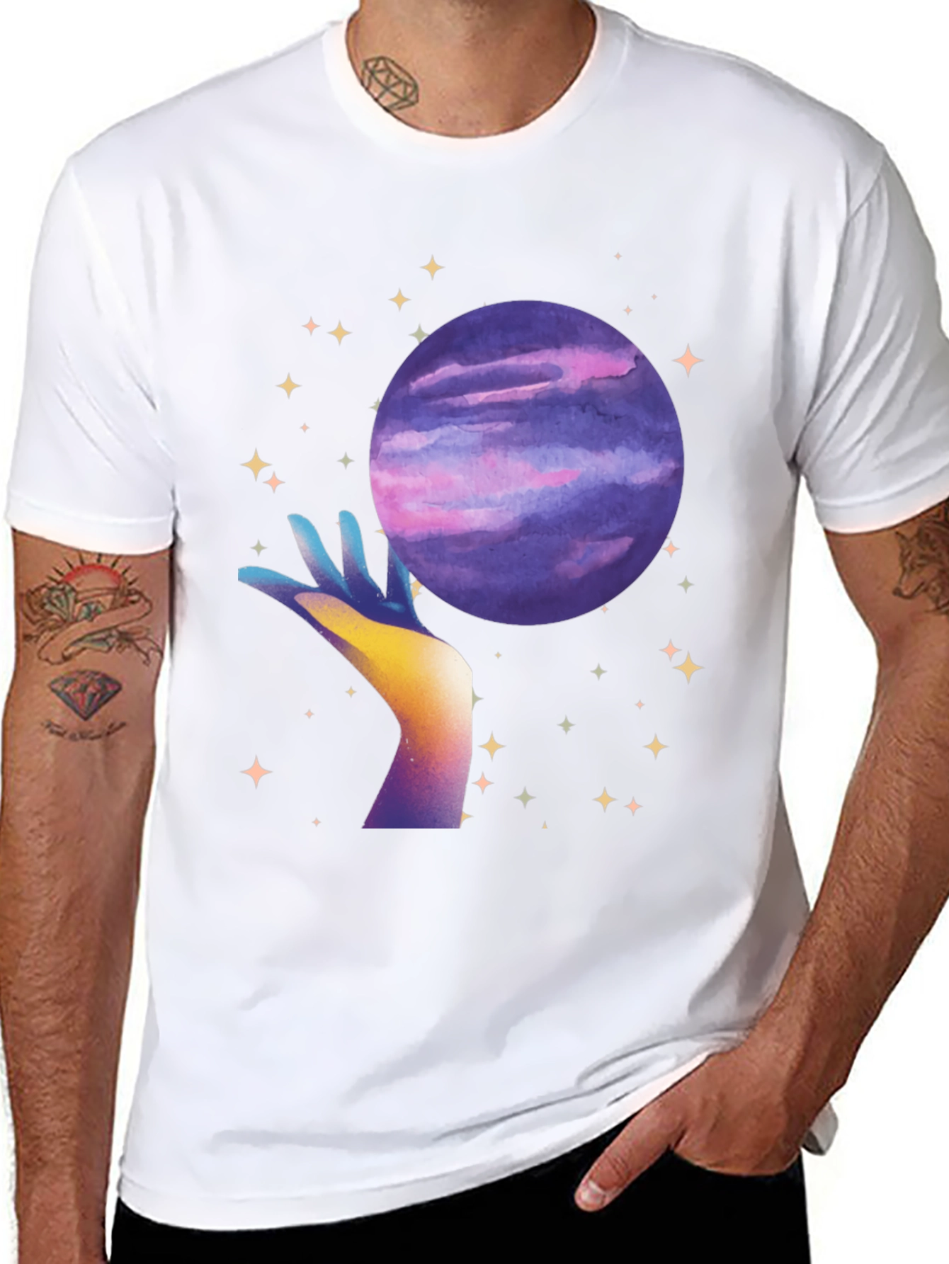 Celestial Hand Holding Planet Graphic T-Shirt