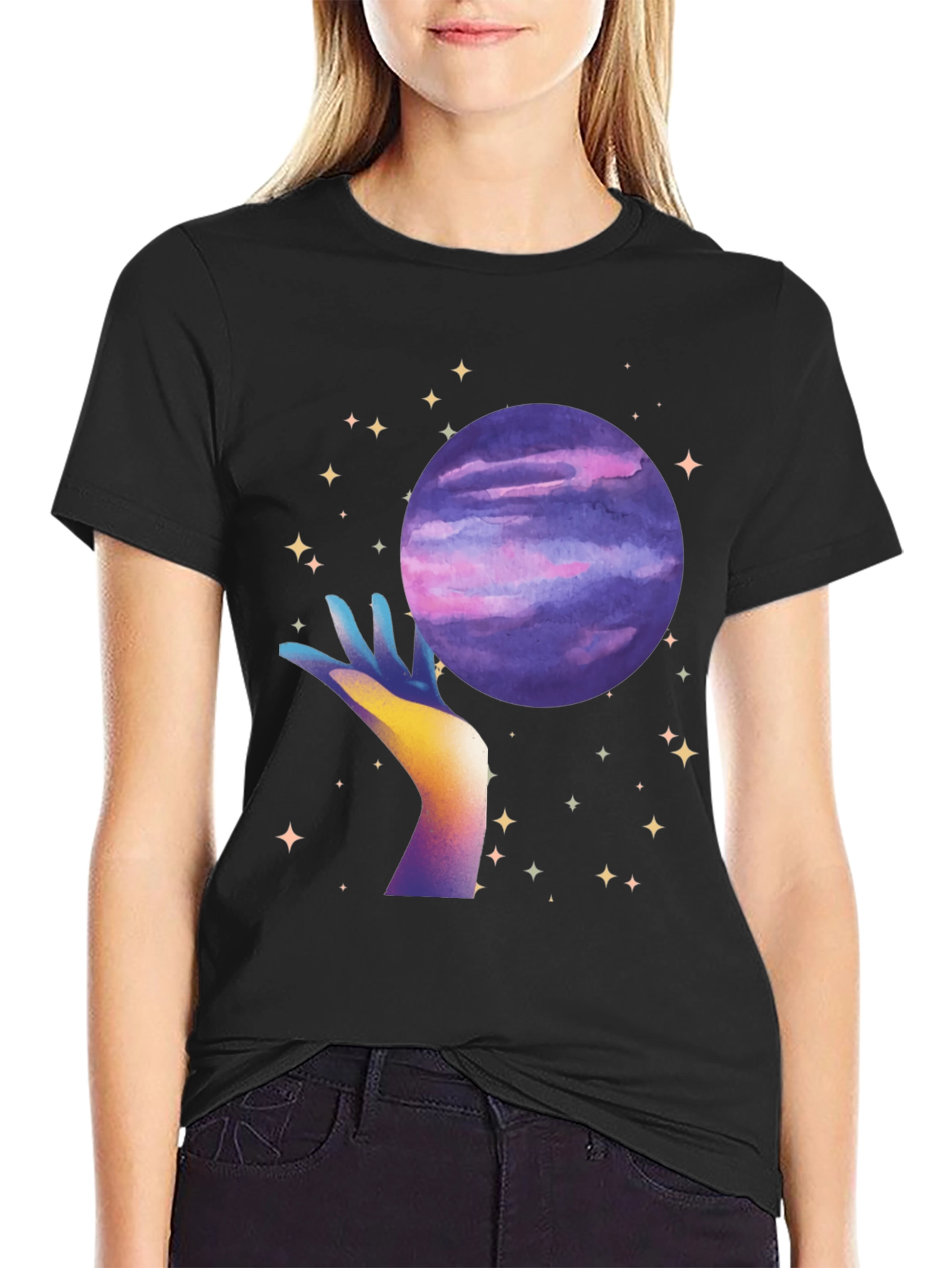 Celestial Hand Holding Planet Graphic T-Shirt