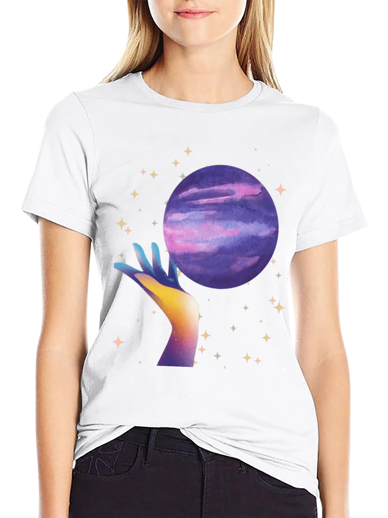Celestial Hand Holding Planet Graphic T-Shirt