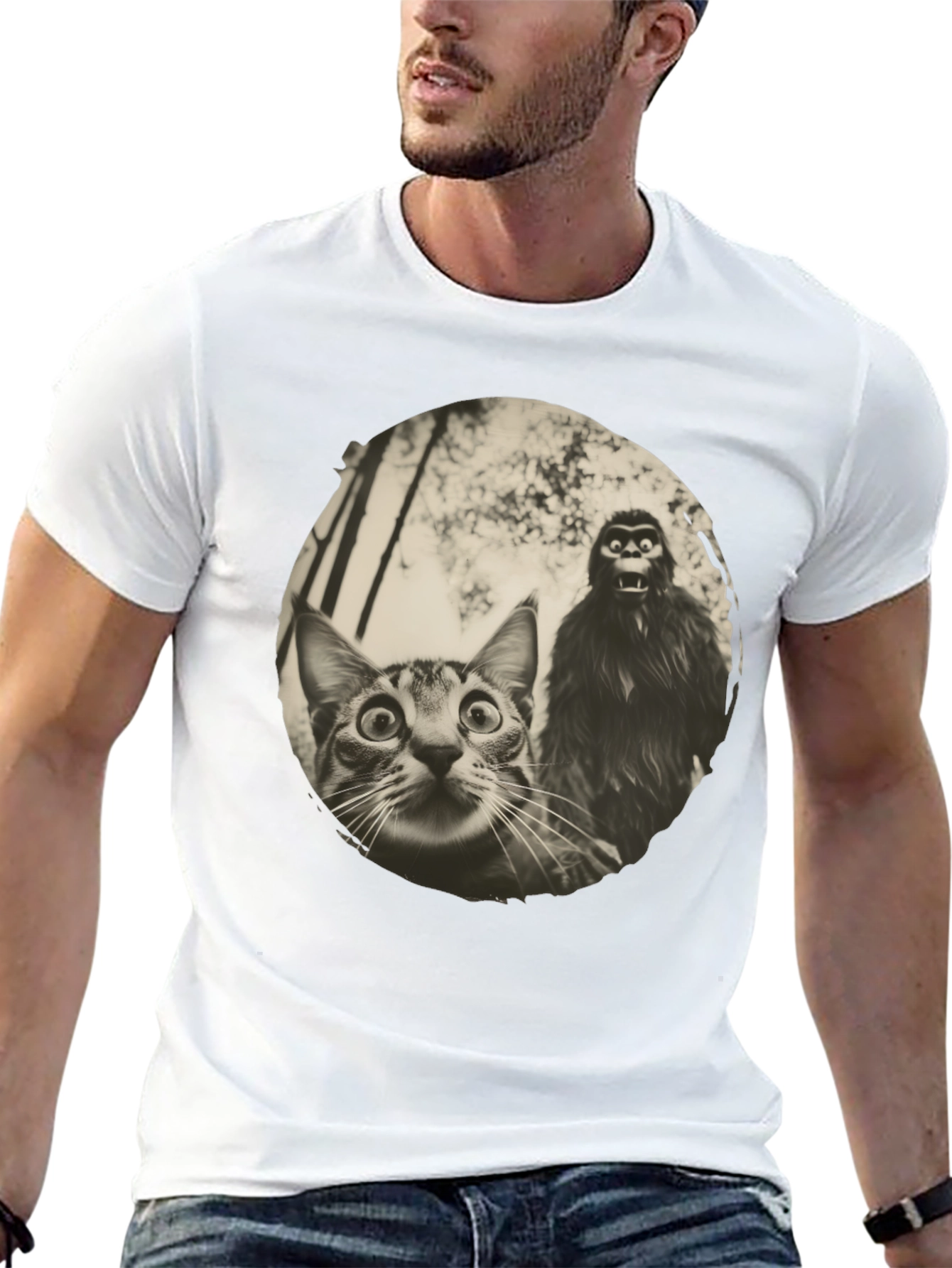 Cat & Bigfoot Graphic Tee - Unisex Novelty T-Shirt