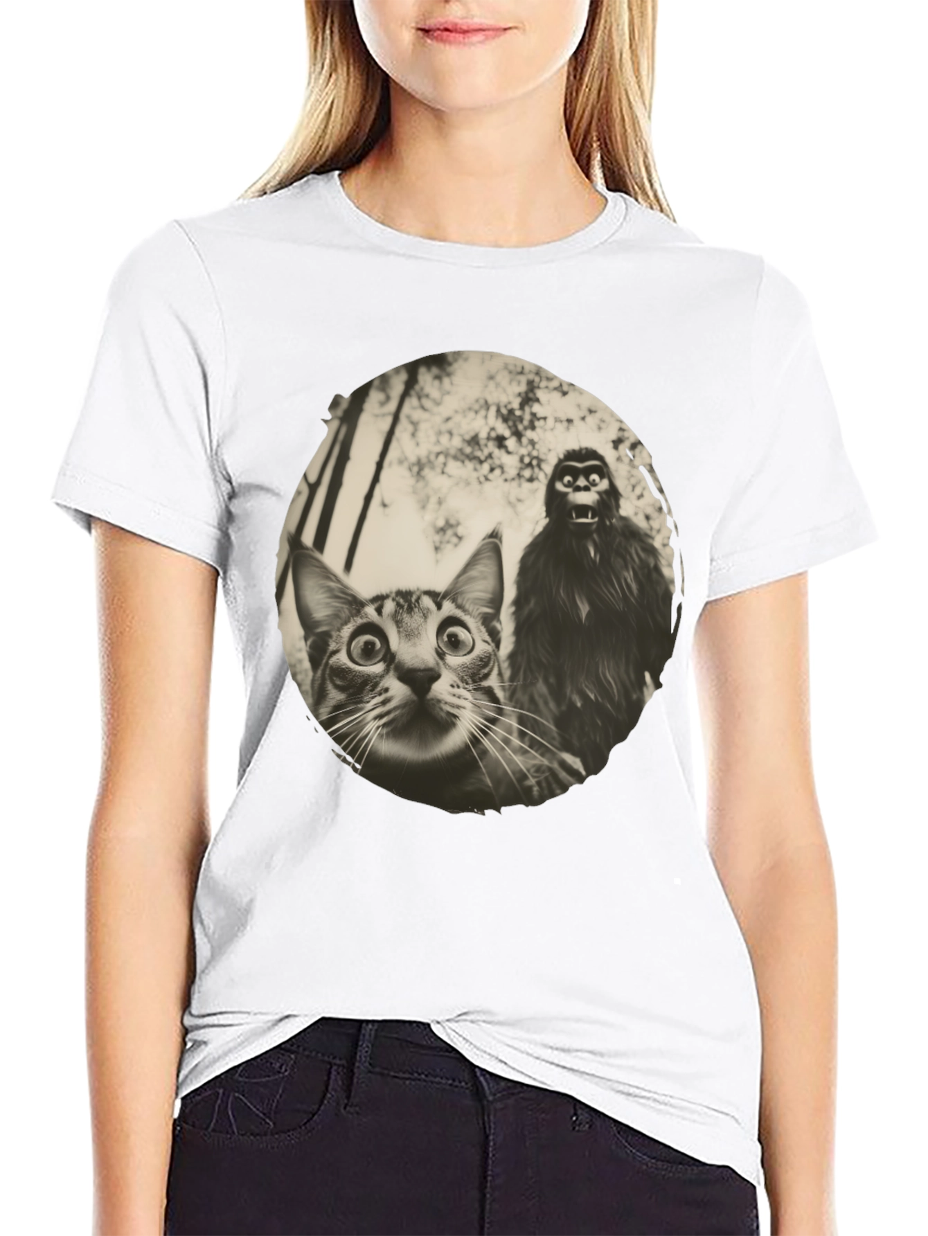 Cat & Bigfoot Graphic Tee - Unisex Novelty T-Shirt