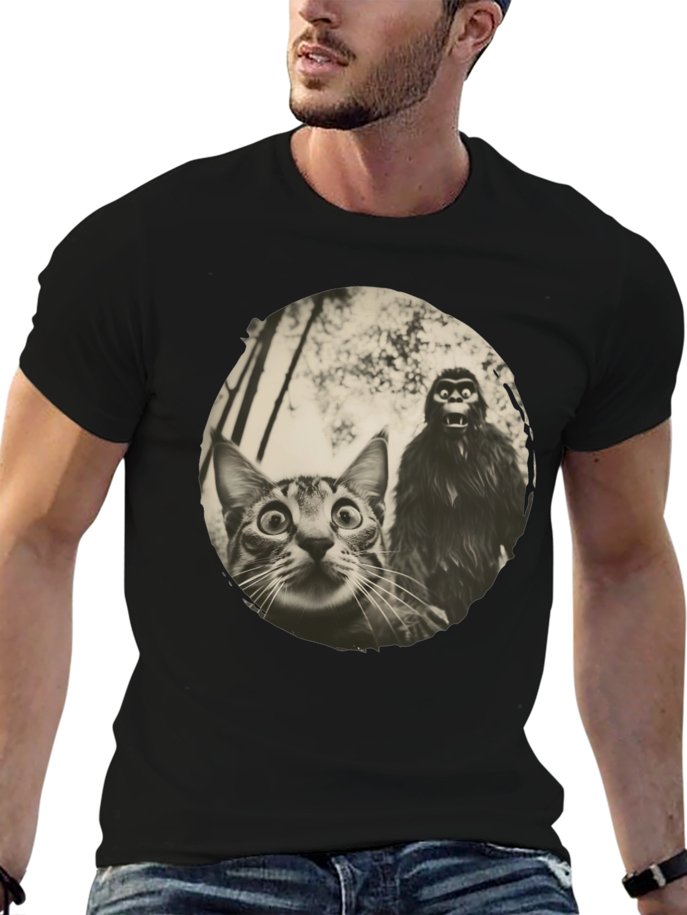 Cat & Bigfoot Graphic Tee - Unisex Novelty T-Shirt