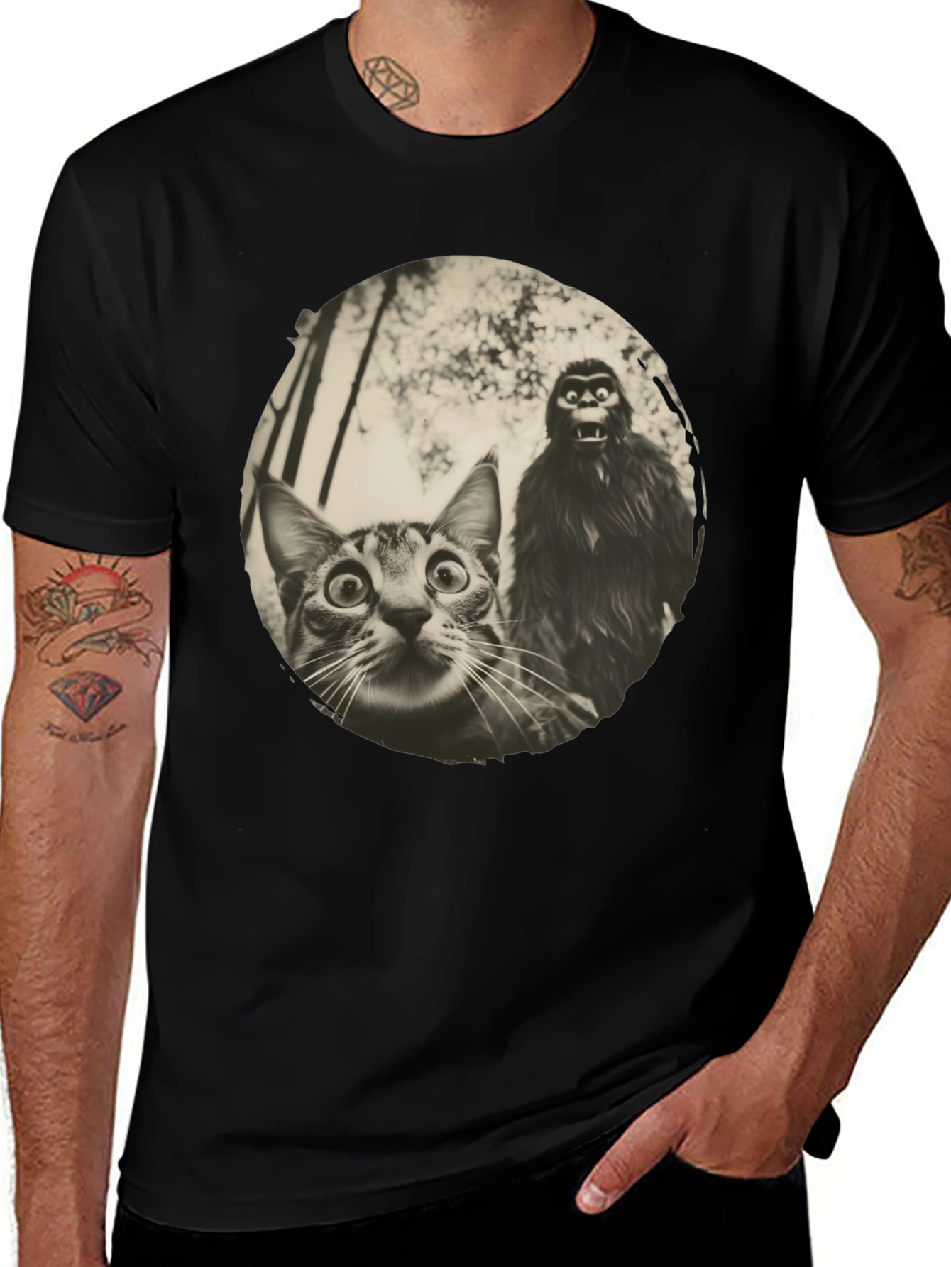 Cat & Bigfoot Graphic Tee - Unisex Novelty T-Shirt