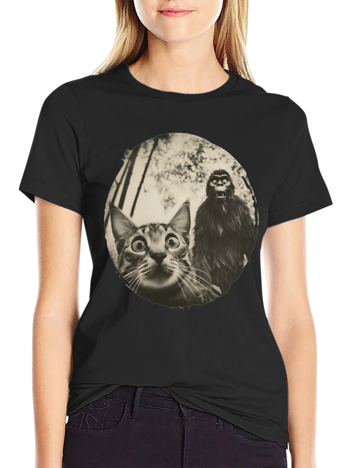 Cat & Bigfoot Graphic Tee - Unisex Novelty T-Shirt