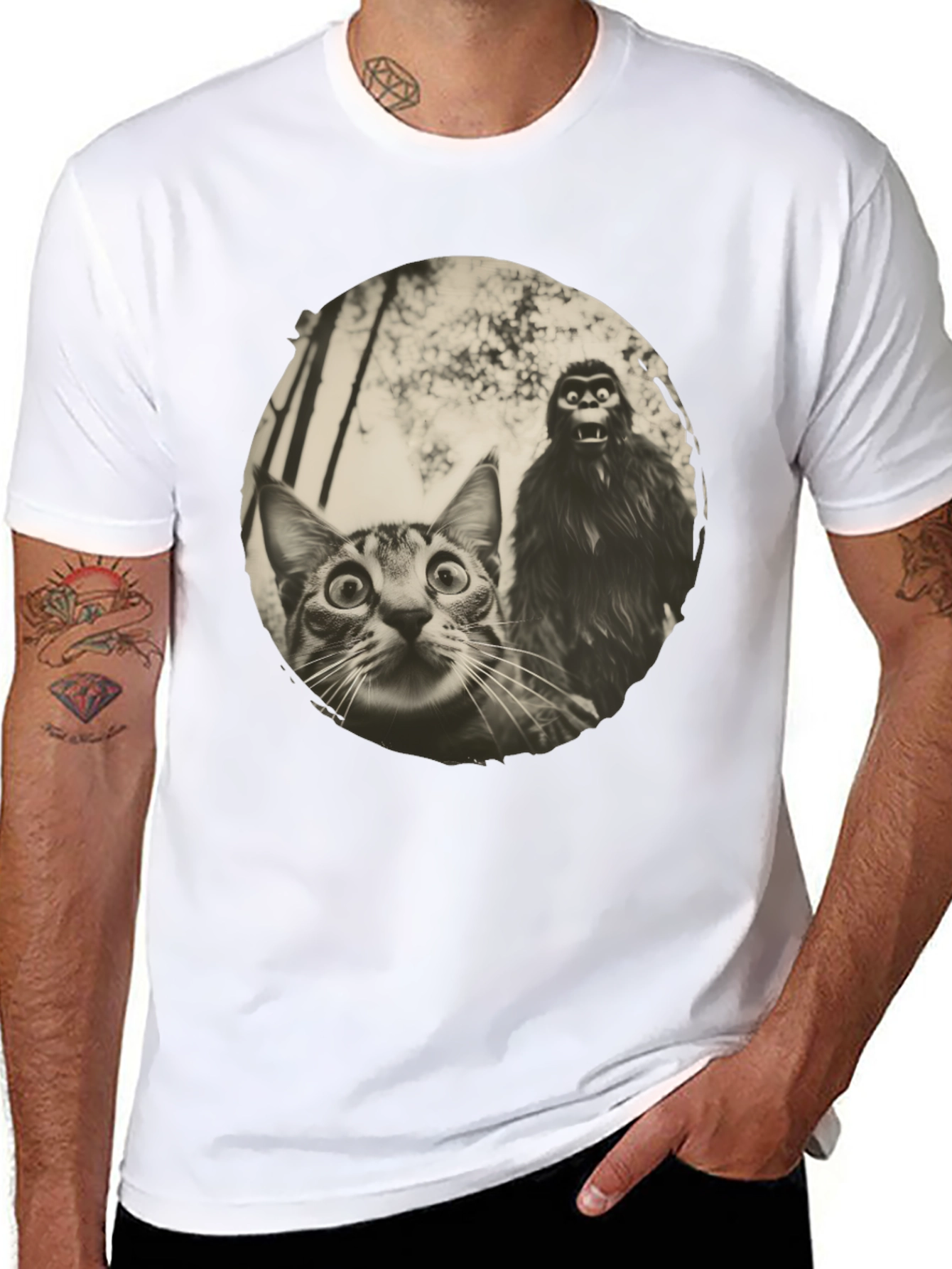 Cat & Bigfoot Graphic Tee - Unisex Novelty T-Shirt