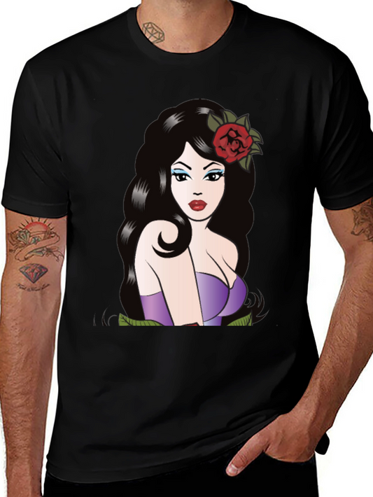 Vintage Pin-Up Girl Graphic Tee - Black Cotton Blend
