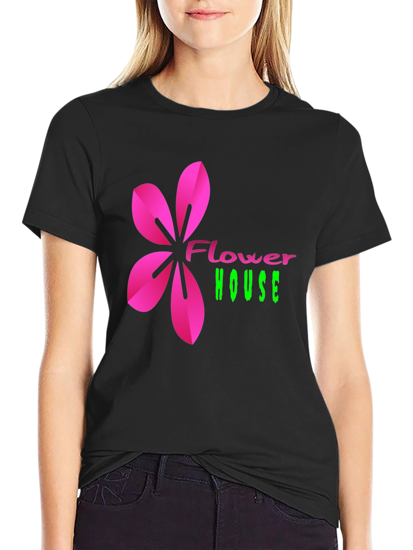 Flower House Graphic Print Tee - Casual Black T-Shirt