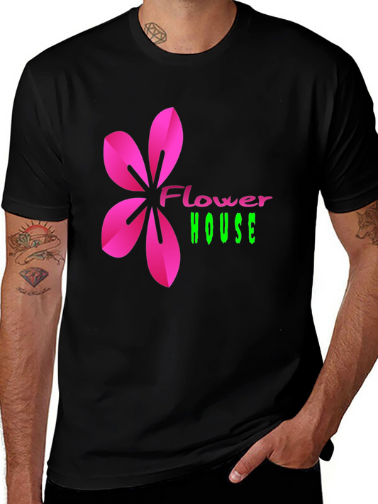 Flower House Graphic Print Tee - Casual Black T-Shirt