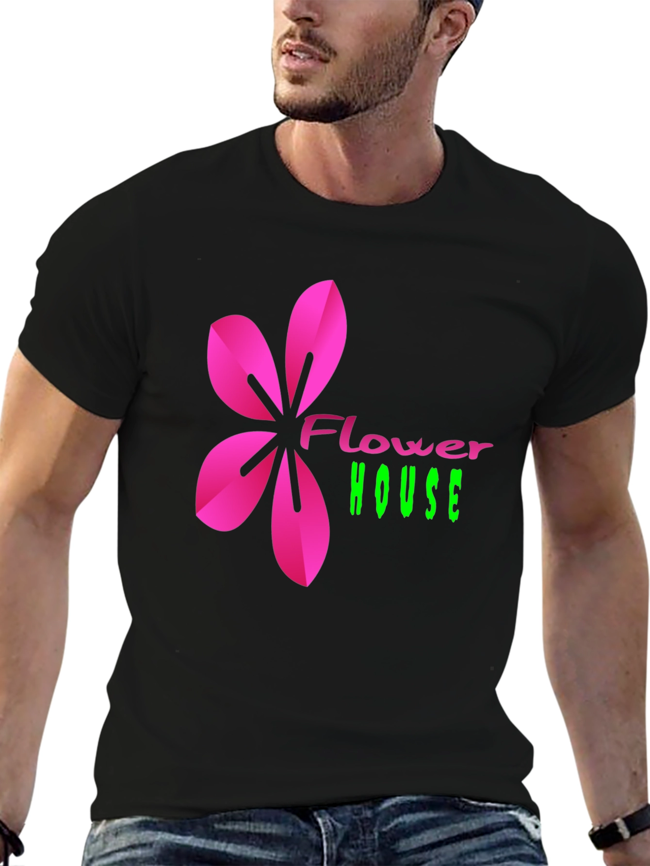 Flower House Graphic Print Tee - Casual Black T-Shirt