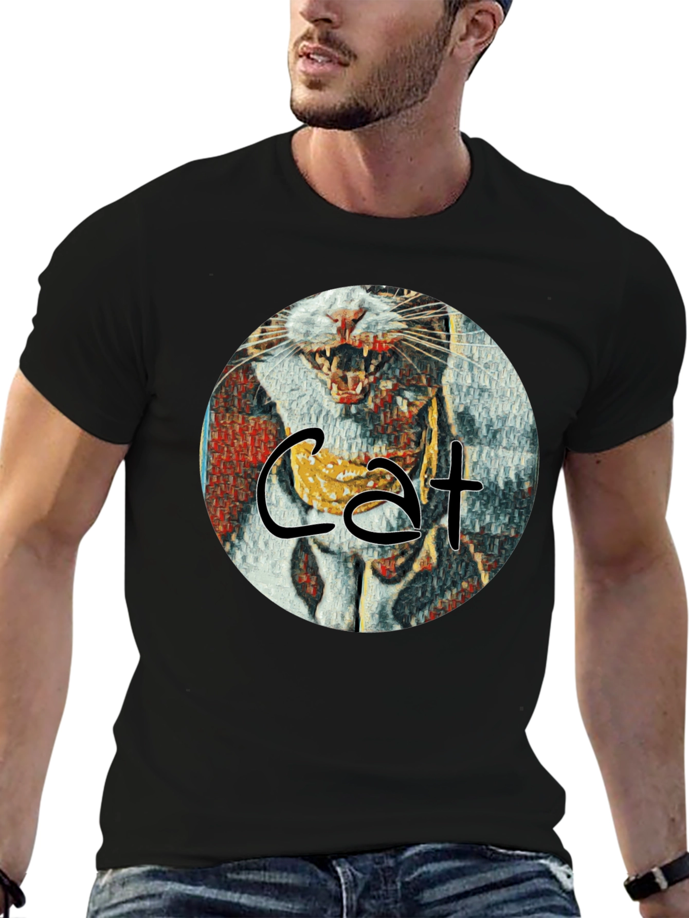 Cat Art Graphic T-Shirt - Round Design