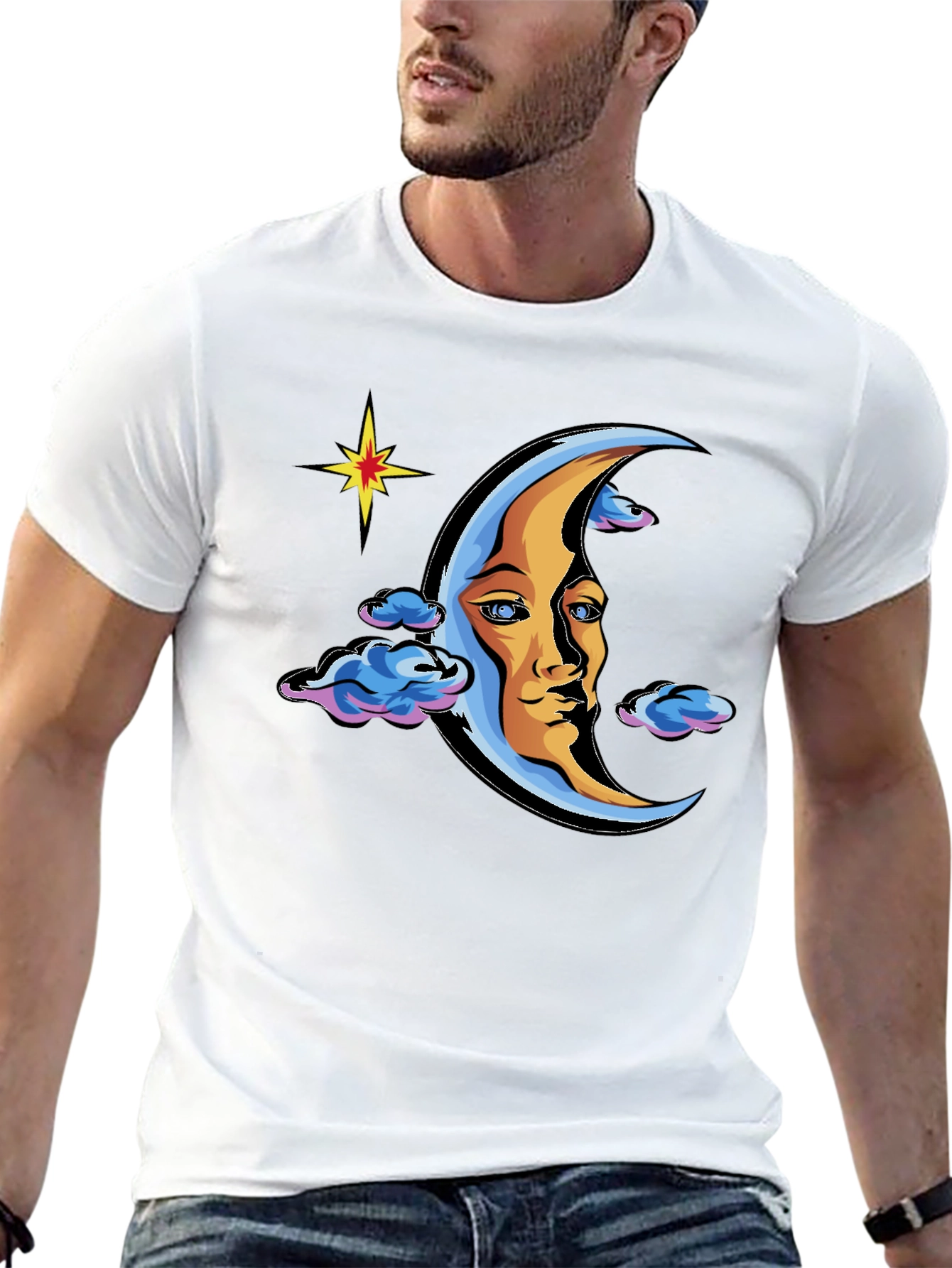 Celestial Moon Face Graphic Tee - Black