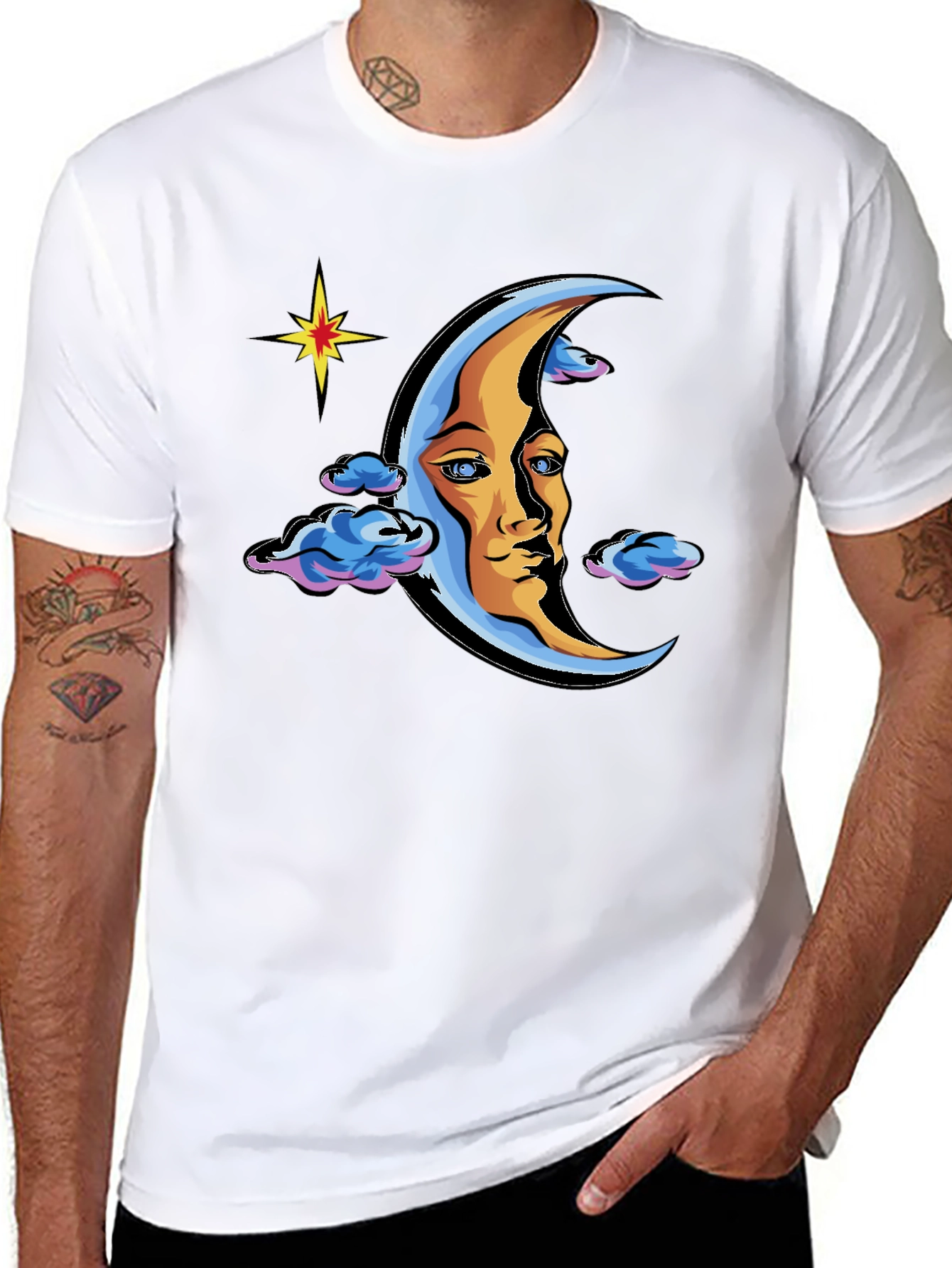 Celestial Moon Face Graphic Tee - Black