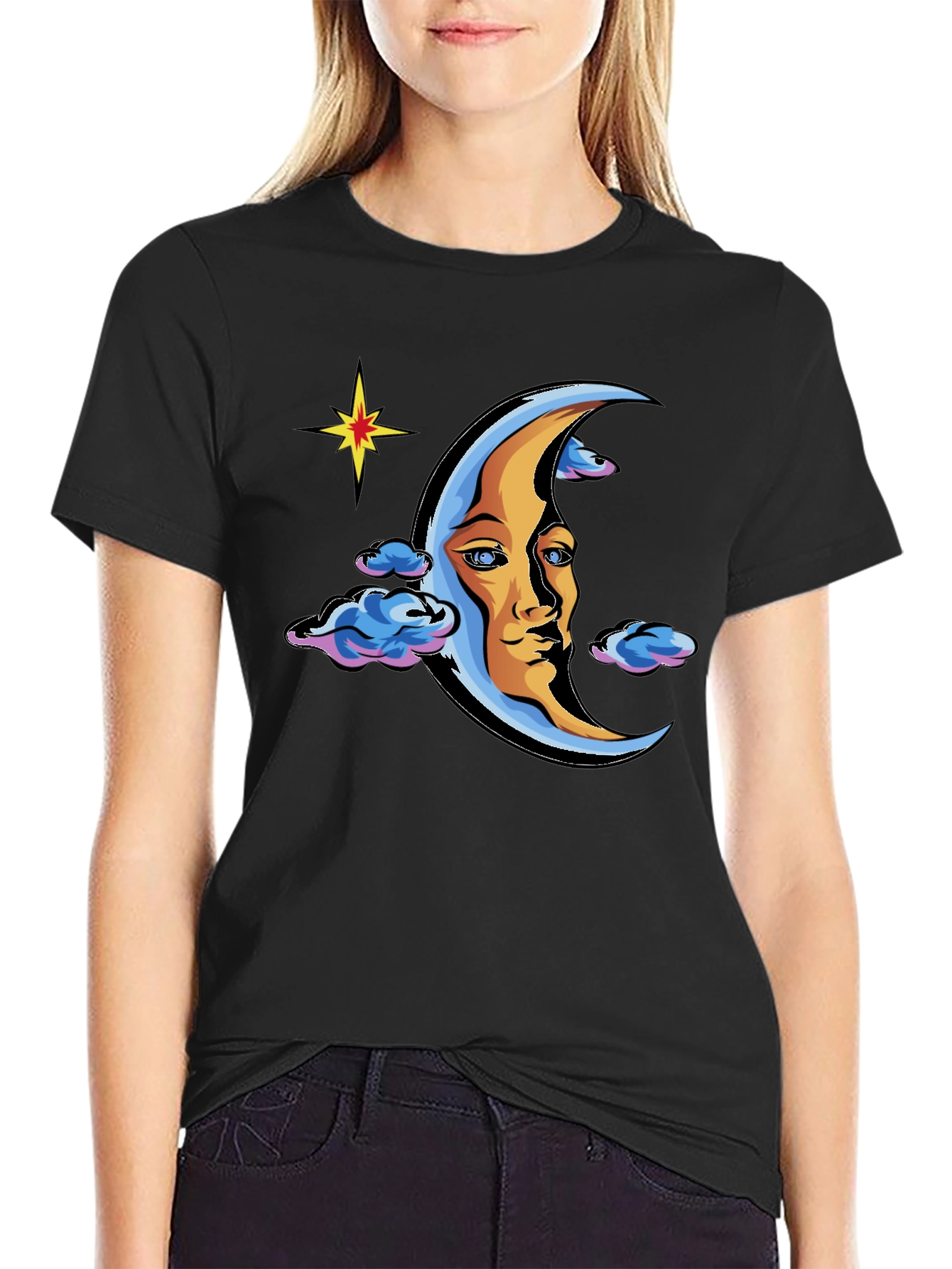 Celestial Moon Face Graphic Tee - Black