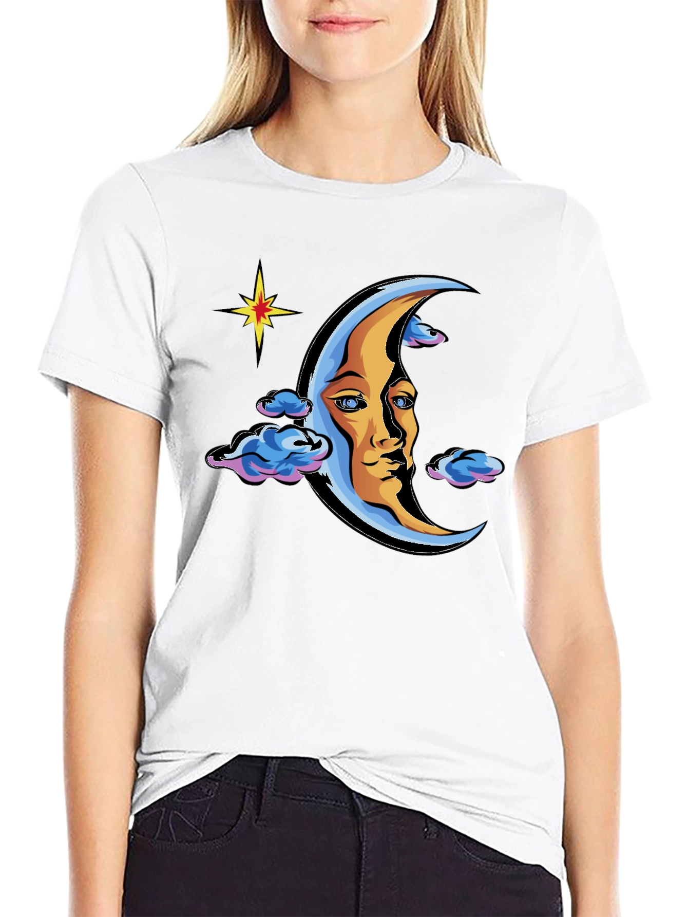 Celestial Moon Face Graphic Tee - Black