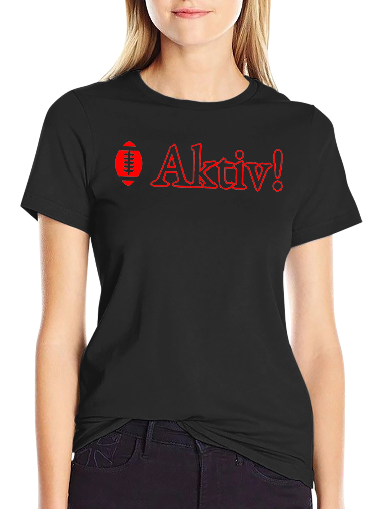 Aktiv! Black T-Shirt with Red Football Design