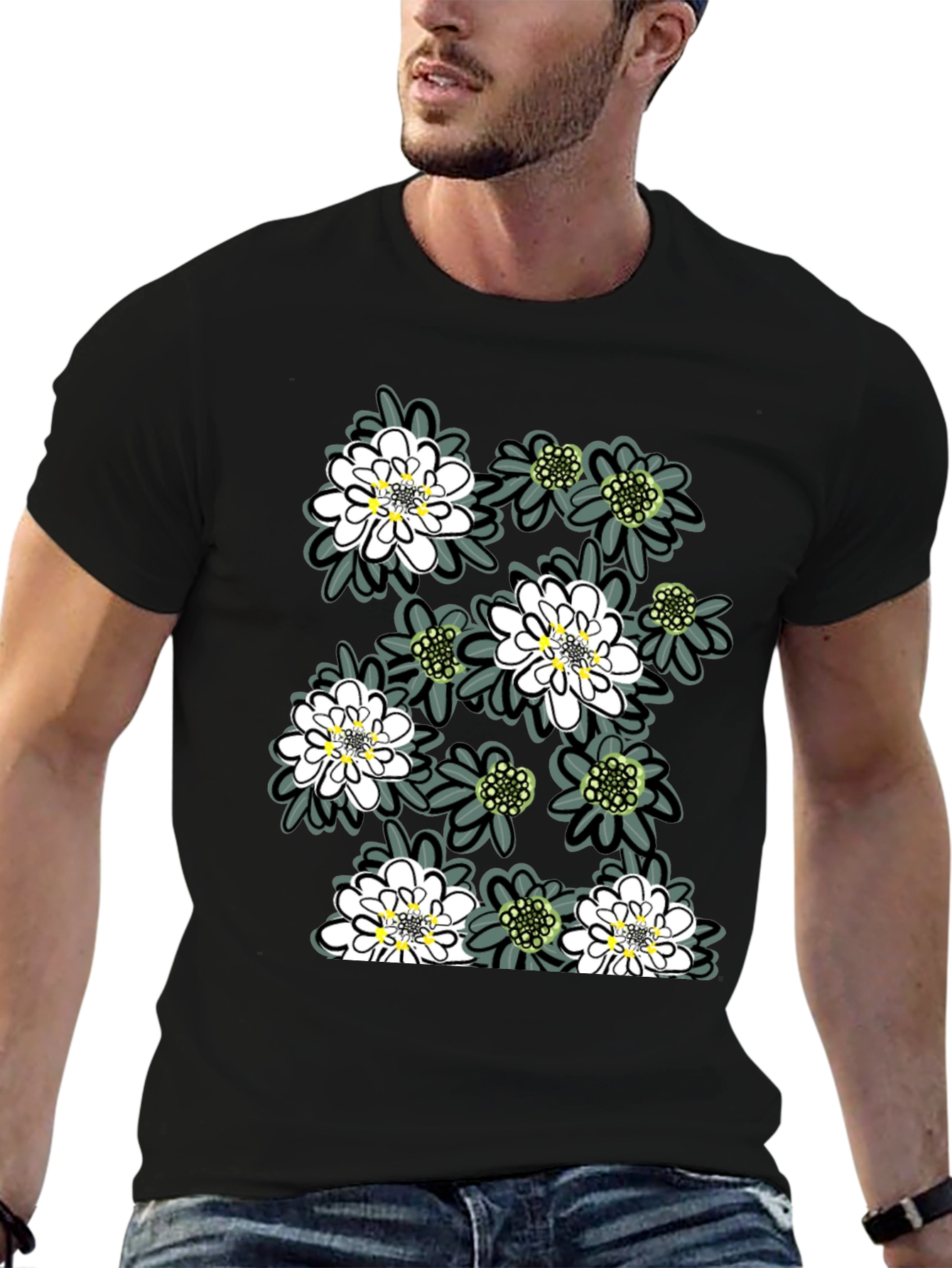 Floral Print Tee - Trendy Black Cotton T-Shirt