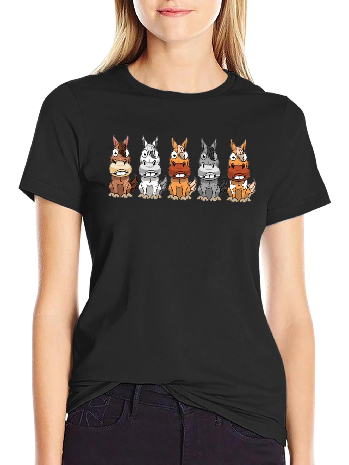 Cartoon Horses Black T-Shirt