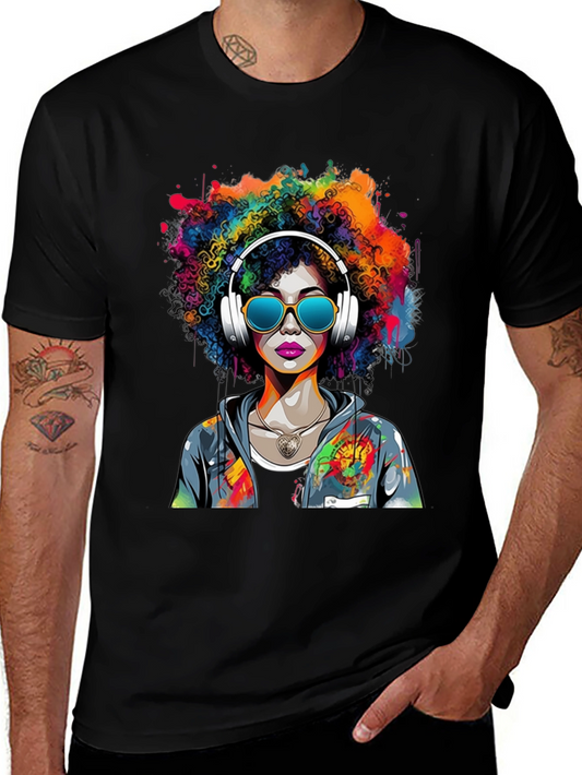 Vibrant Afro Art T-Shirt: Colorful Headphones Design