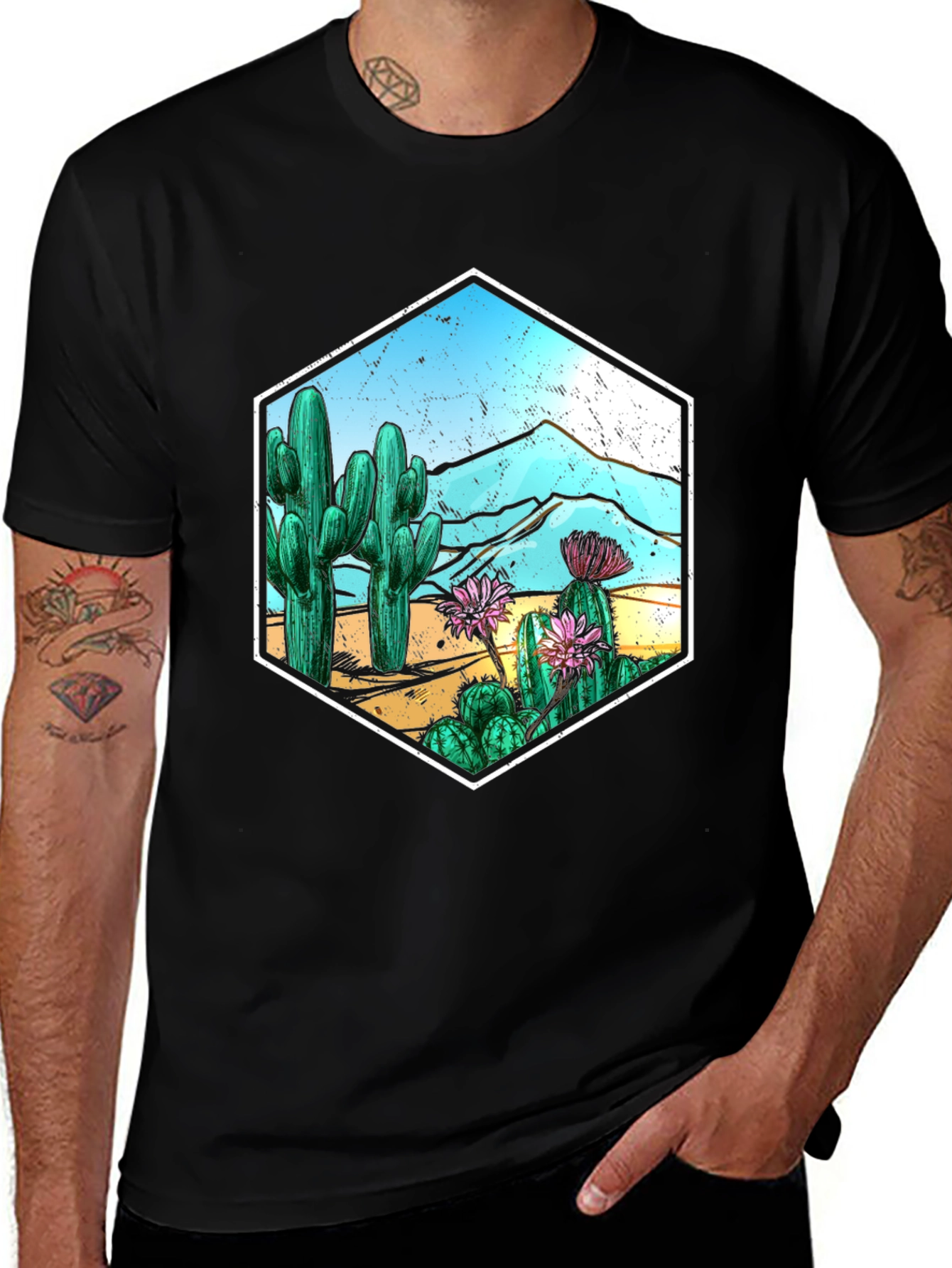 Cactus Desert Scene Hexagon Graphic T-Shirt