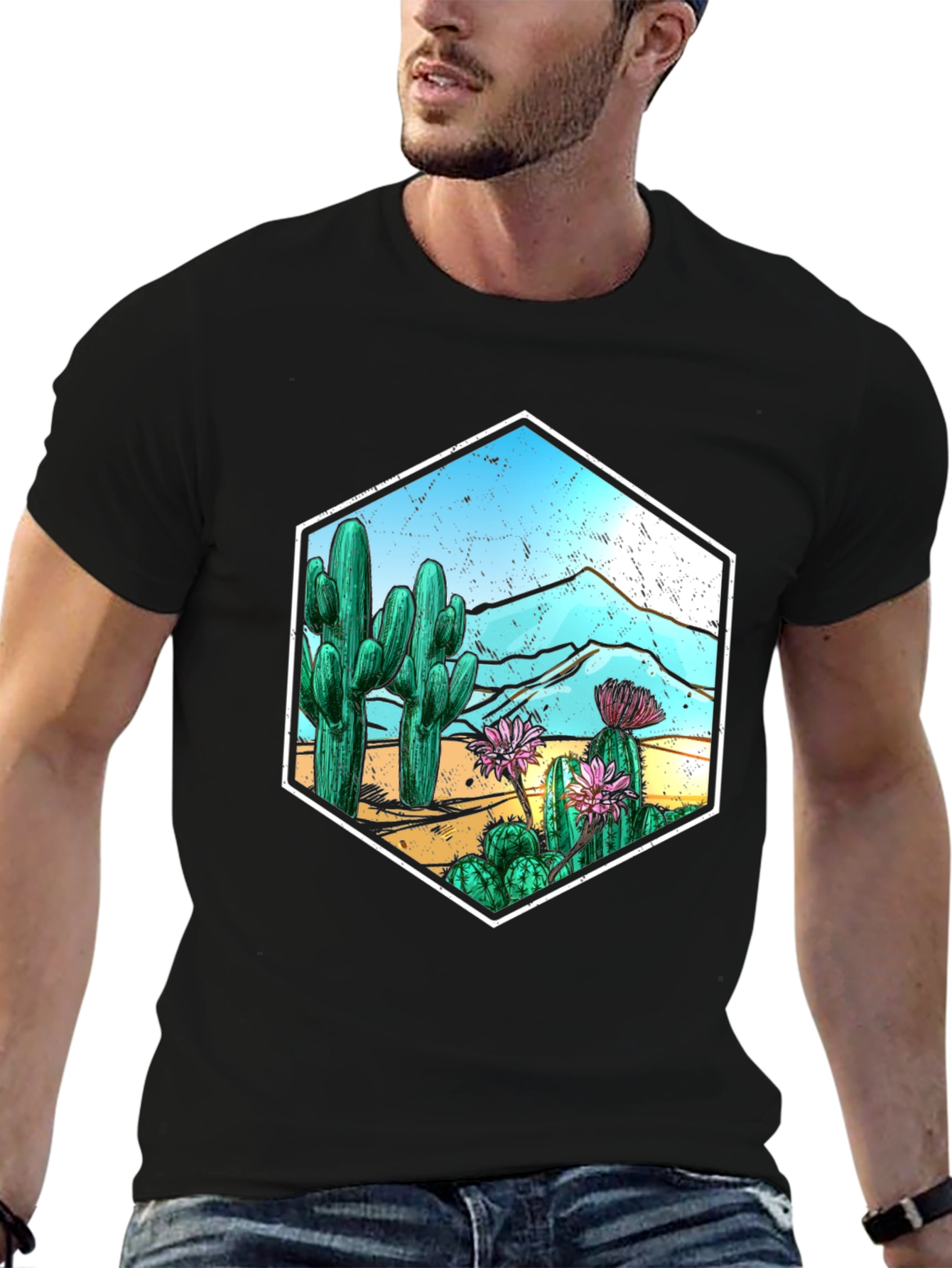 Cactus Desert Scene Hexagon Graphic T-Shirt