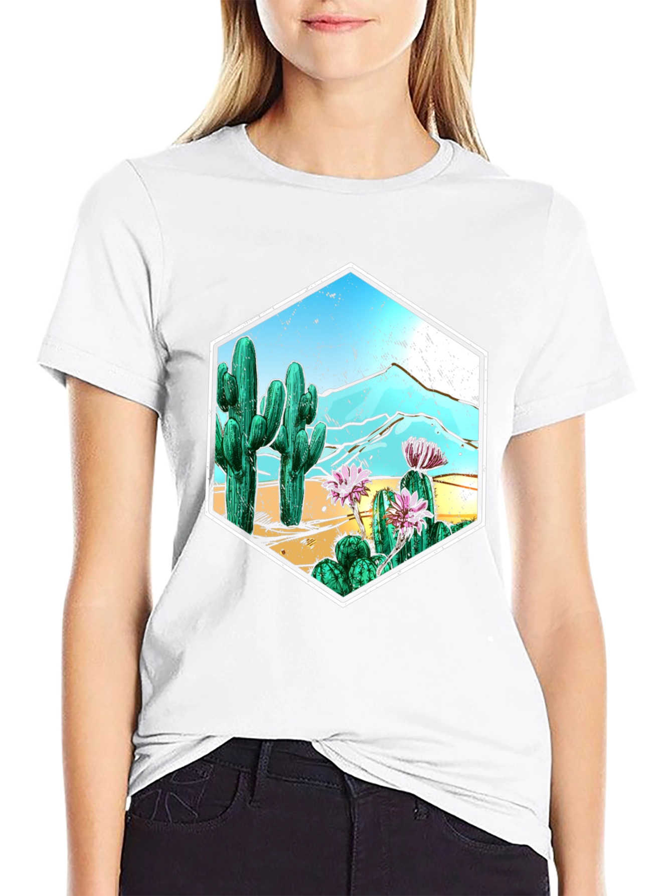 Cactus Desert Scene Hexagon Graphic T-Shirt