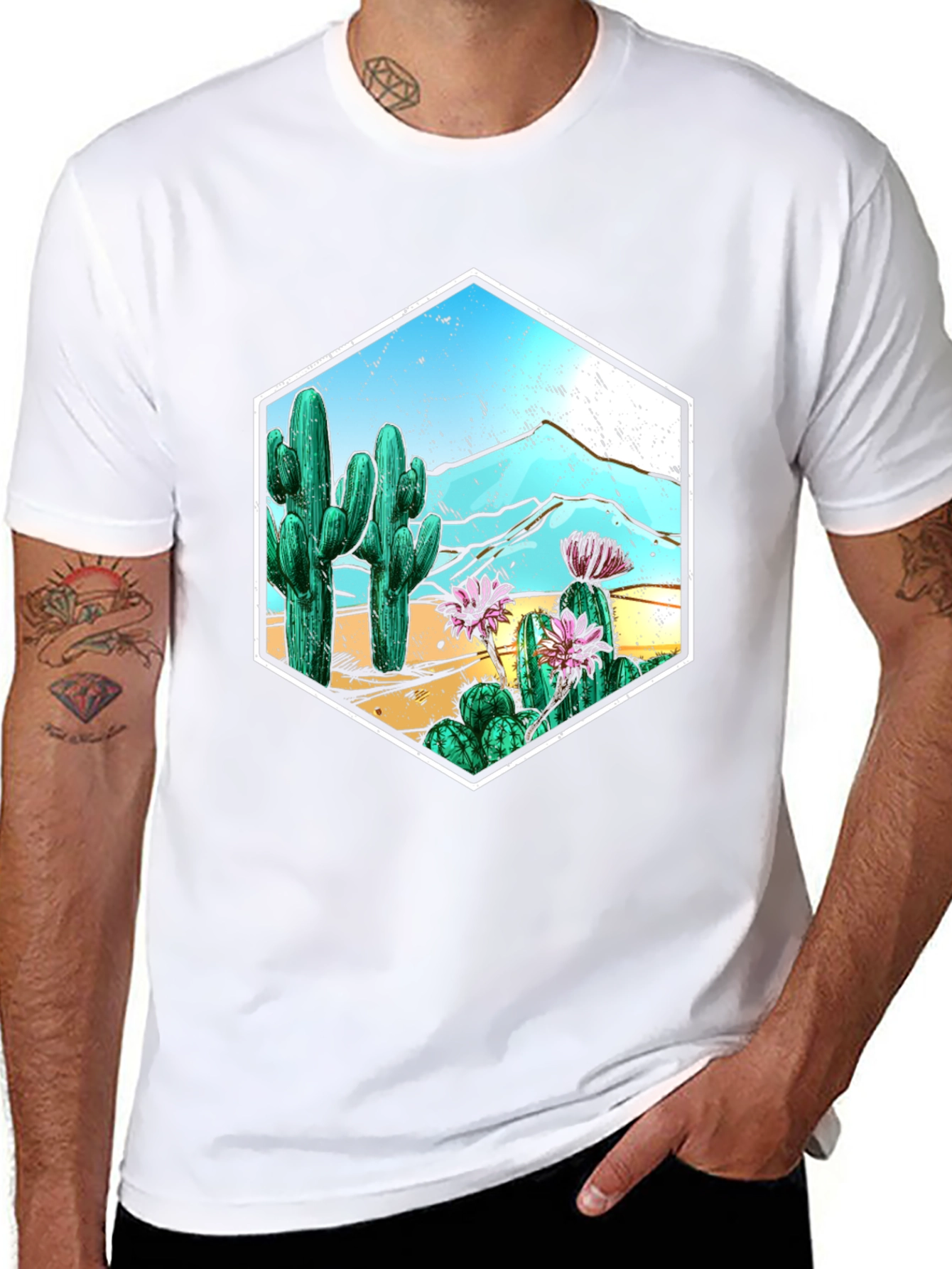 Cactus Desert Scene Hexagon Graphic T-Shirt