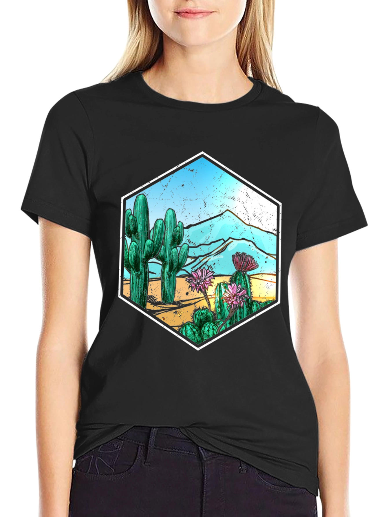 Cactus Desert Scene Hexagon Graphic T-Shirt
