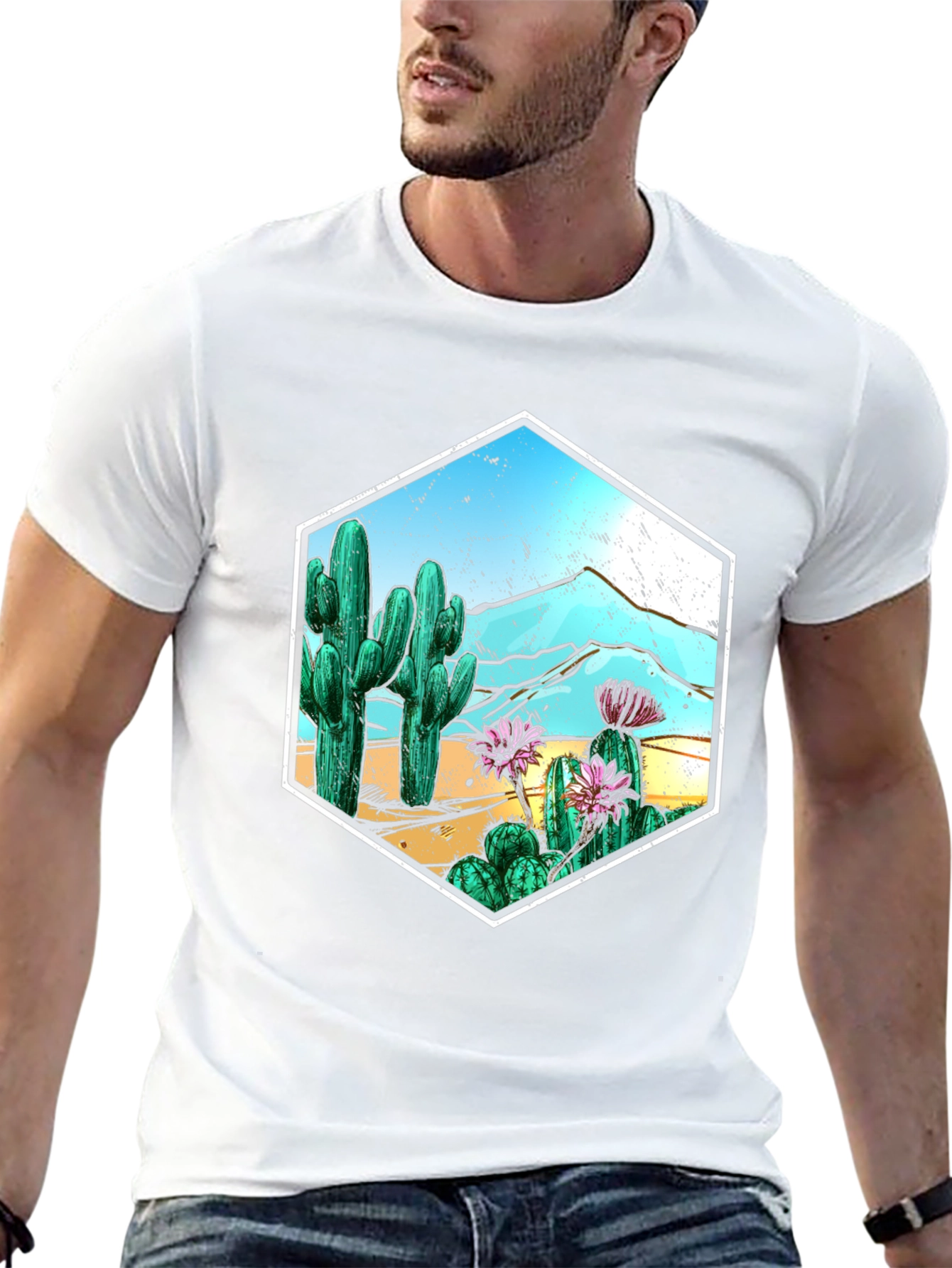 Cactus Desert Scene Hexagon Graphic T-Shirt