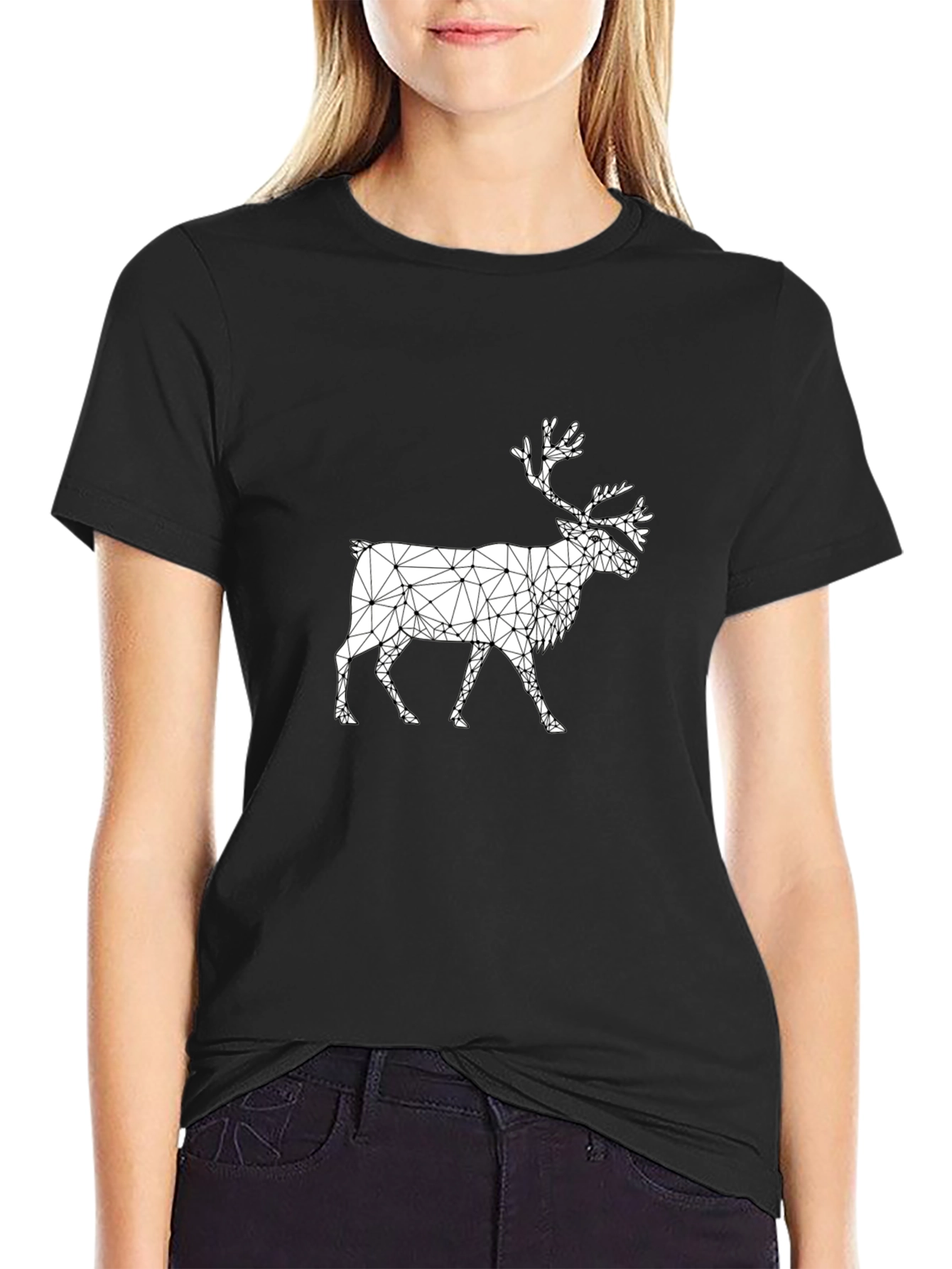 Geometric Reindeer Graphic Tee - Black
