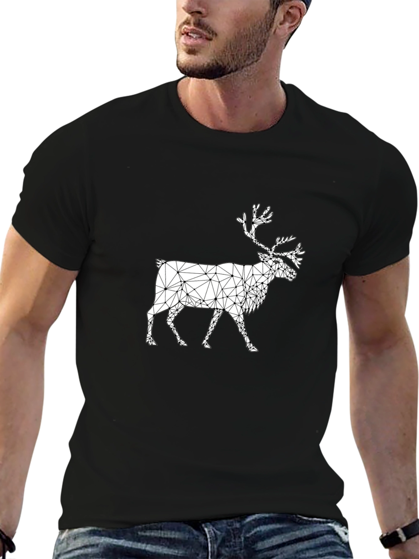 Geometric Reindeer Graphic Tee - Black