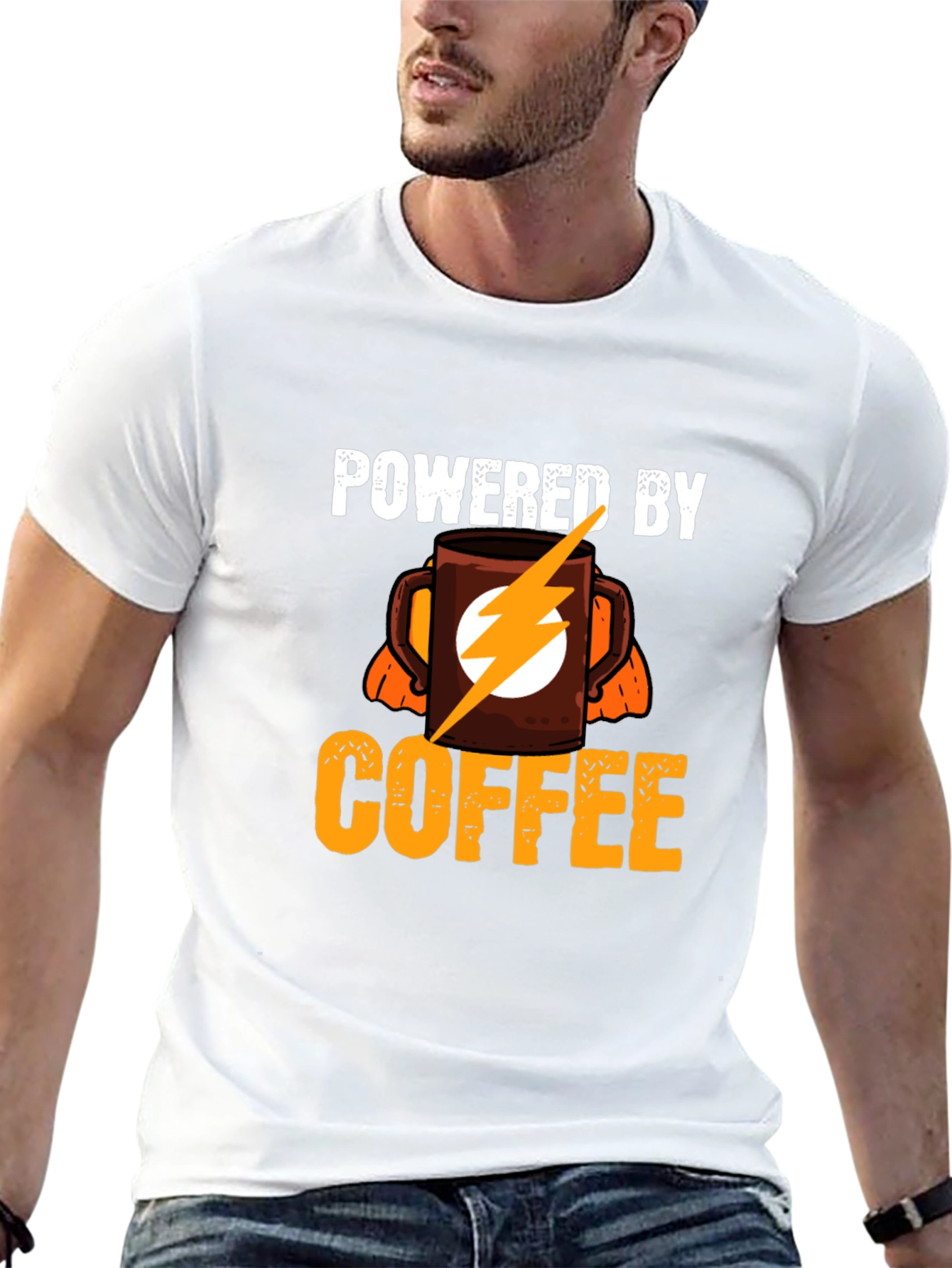 Powered By Coffee T-Shirt - Electric Flash Design
