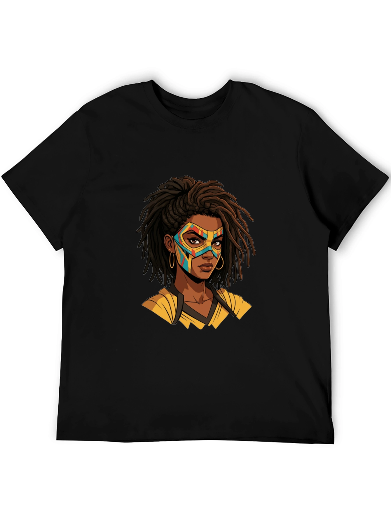 Black T-Shirt with Superhero Mask Woman Graphic