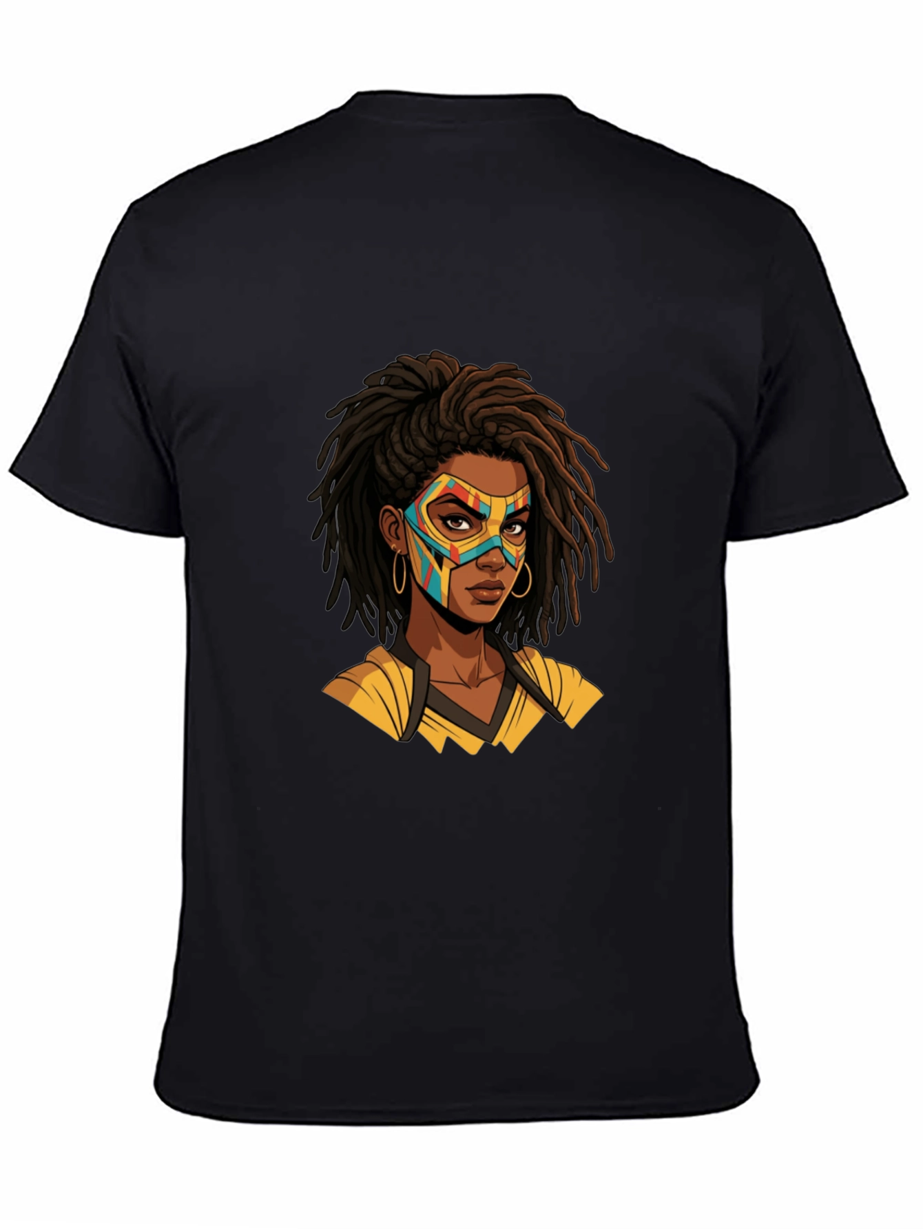 Black T-Shirt with Superhero Mask Woman Graphic