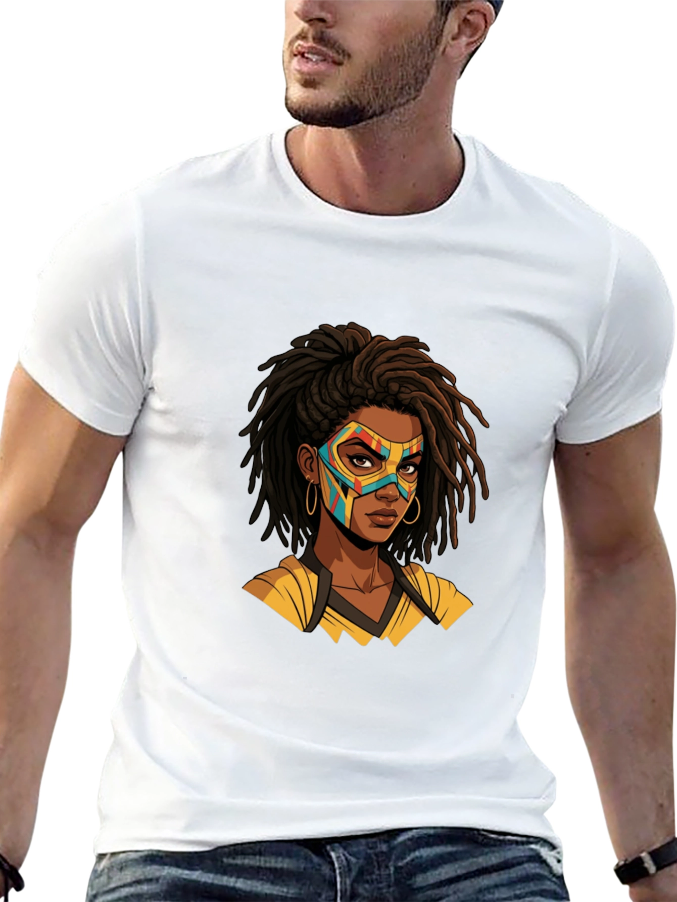 Black T-Shirt with Superhero Mask Woman Graphic