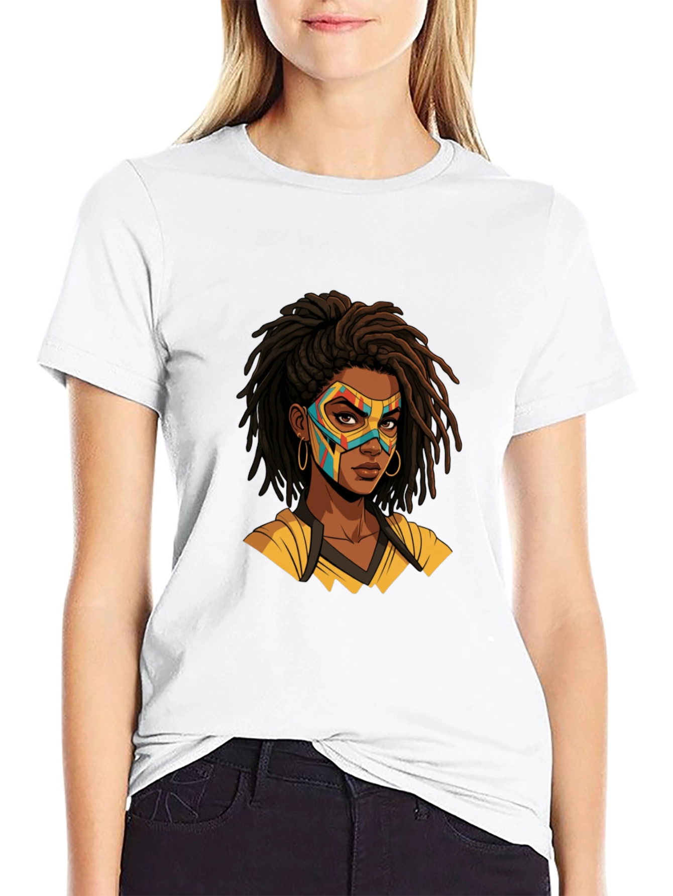 Black T-Shirt with Superhero Mask Woman Graphic