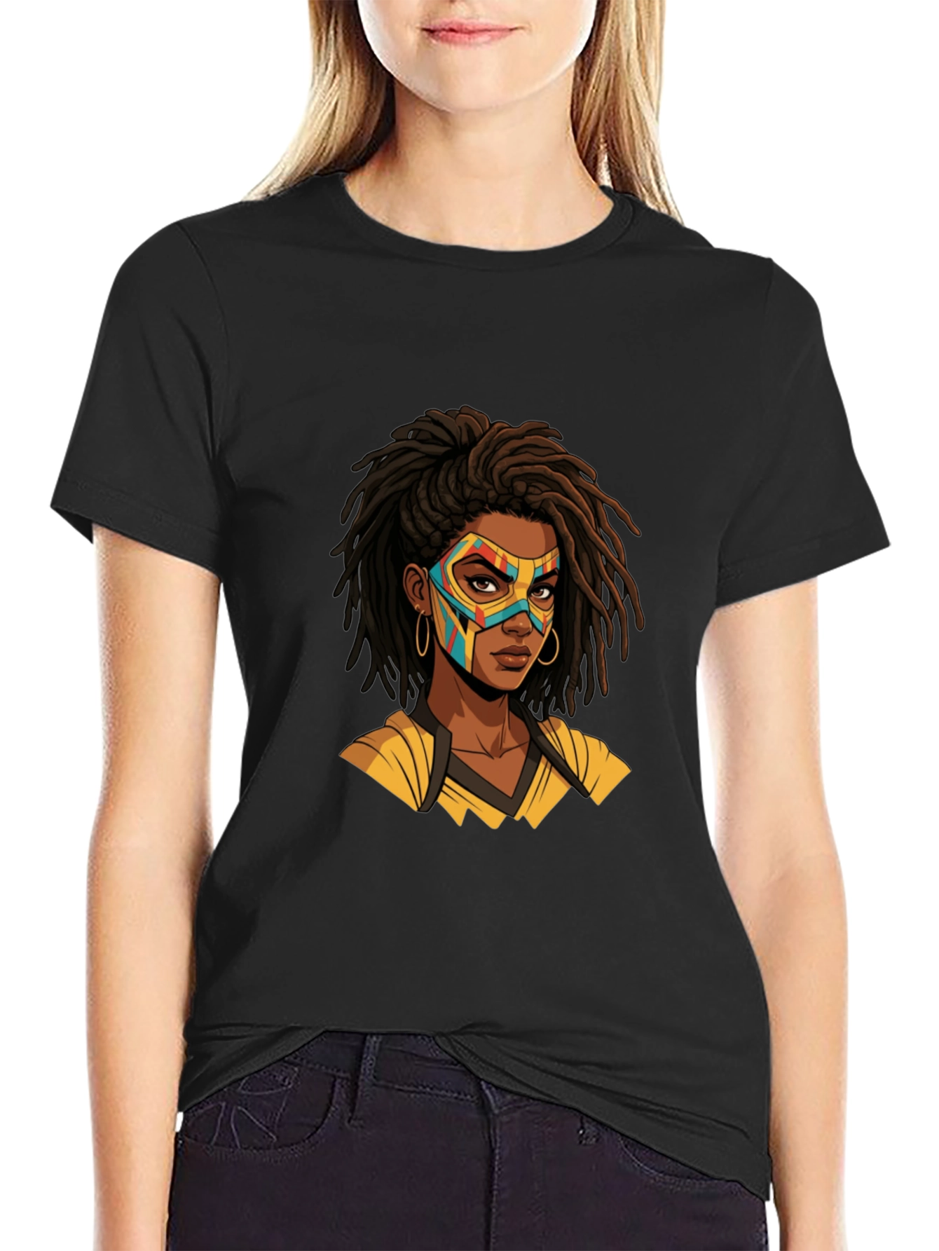 Black T-Shirt with Superhero Mask Woman Graphic