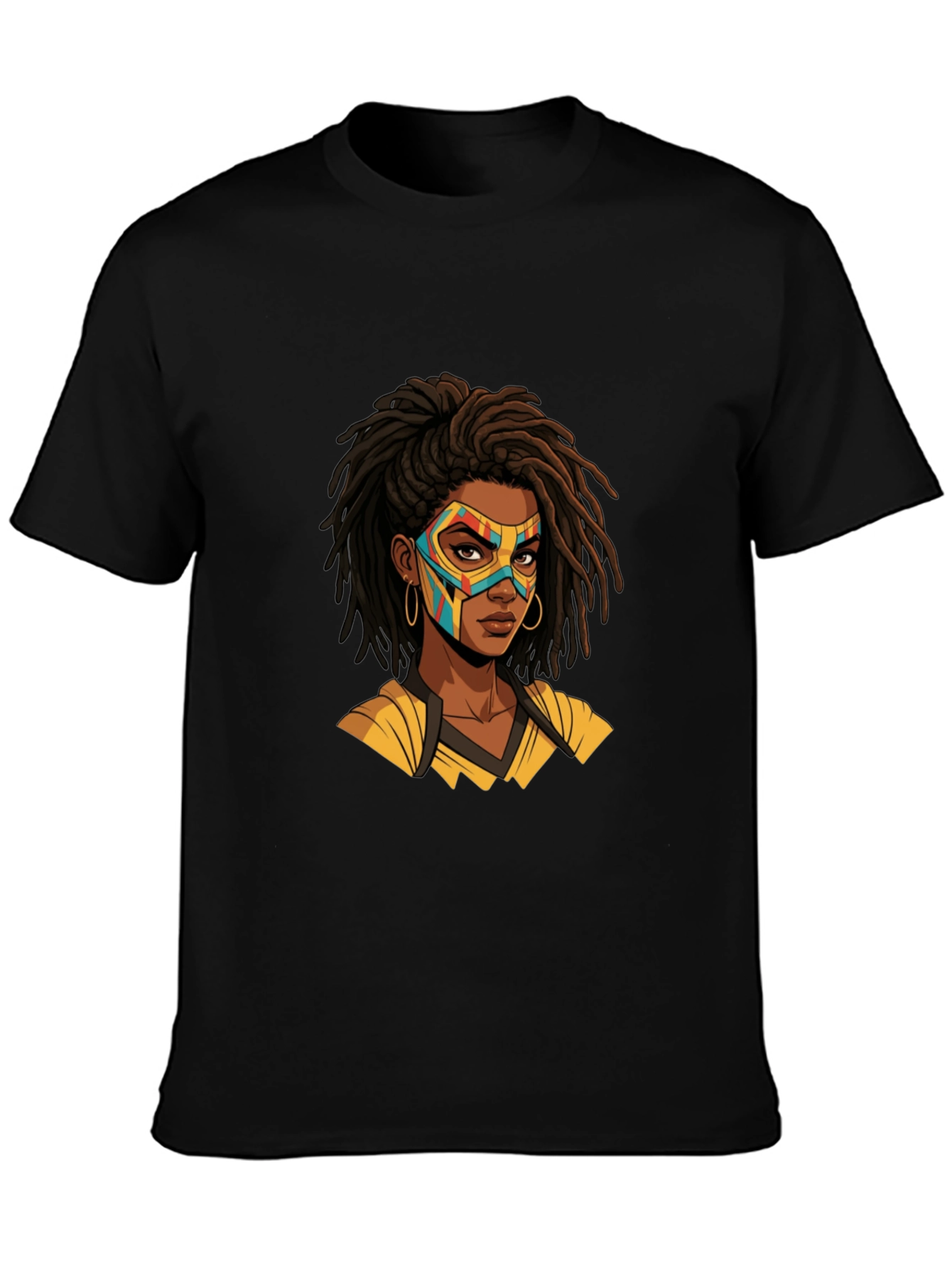 Black T-Shirt with Superhero Mask Woman Graphic
